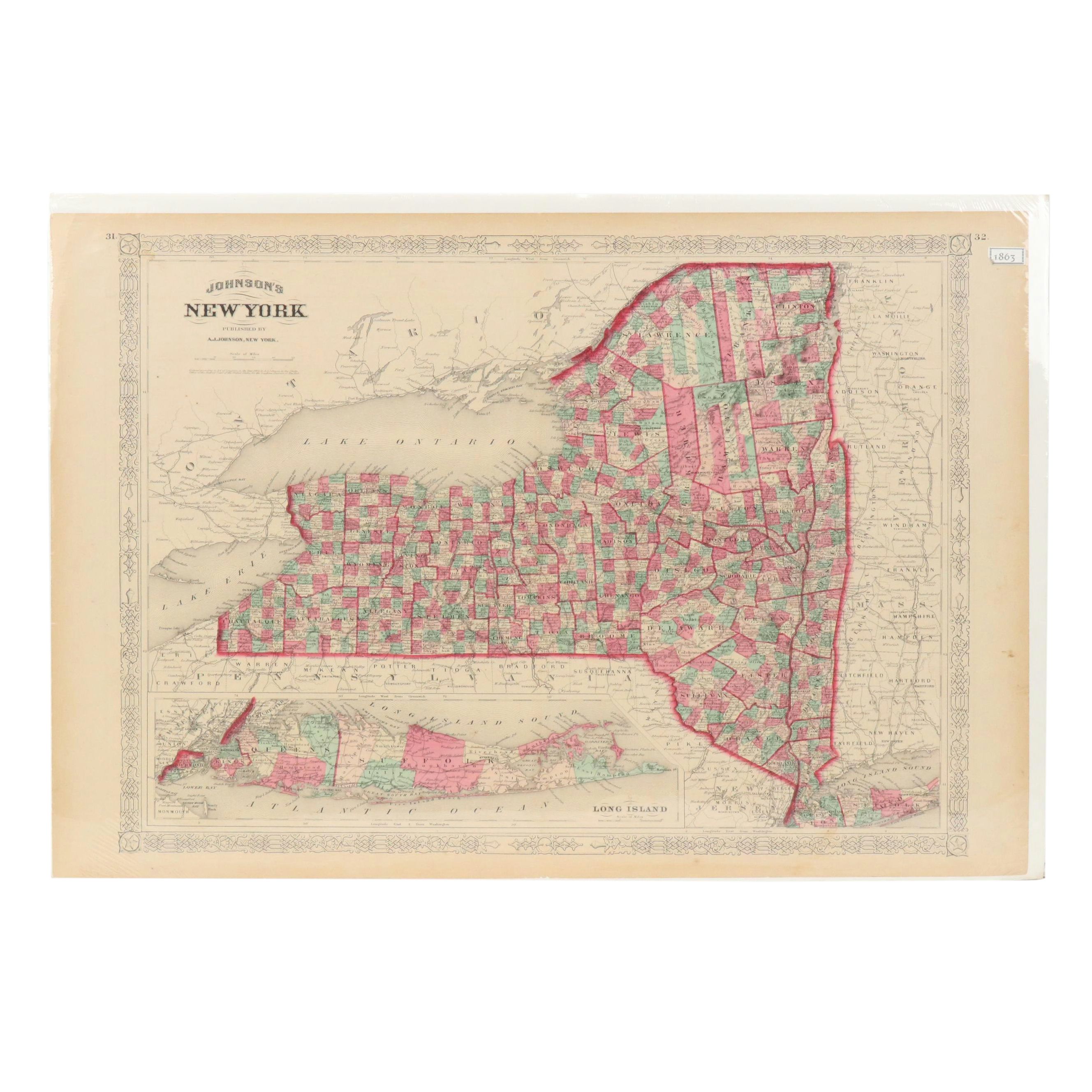 Hand-Colored Engraved County Map "Johnson's New York," Circa 1864