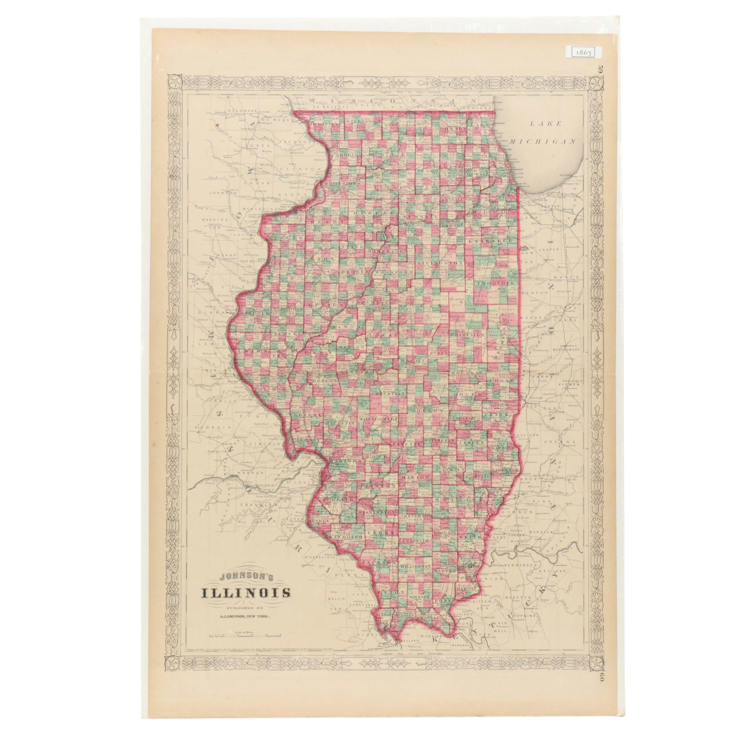 Hand-Colored Engraved County Map "Johnson's Illinois," Circa 1864
