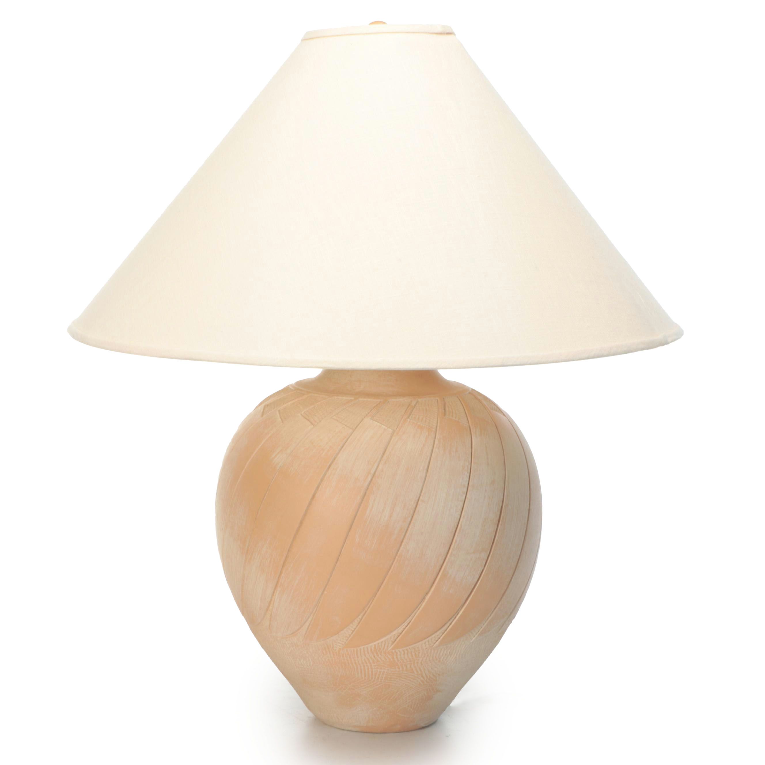 Chalkware Pottery Table Lamp with Cotton Coolie Shade, Late 20th Century