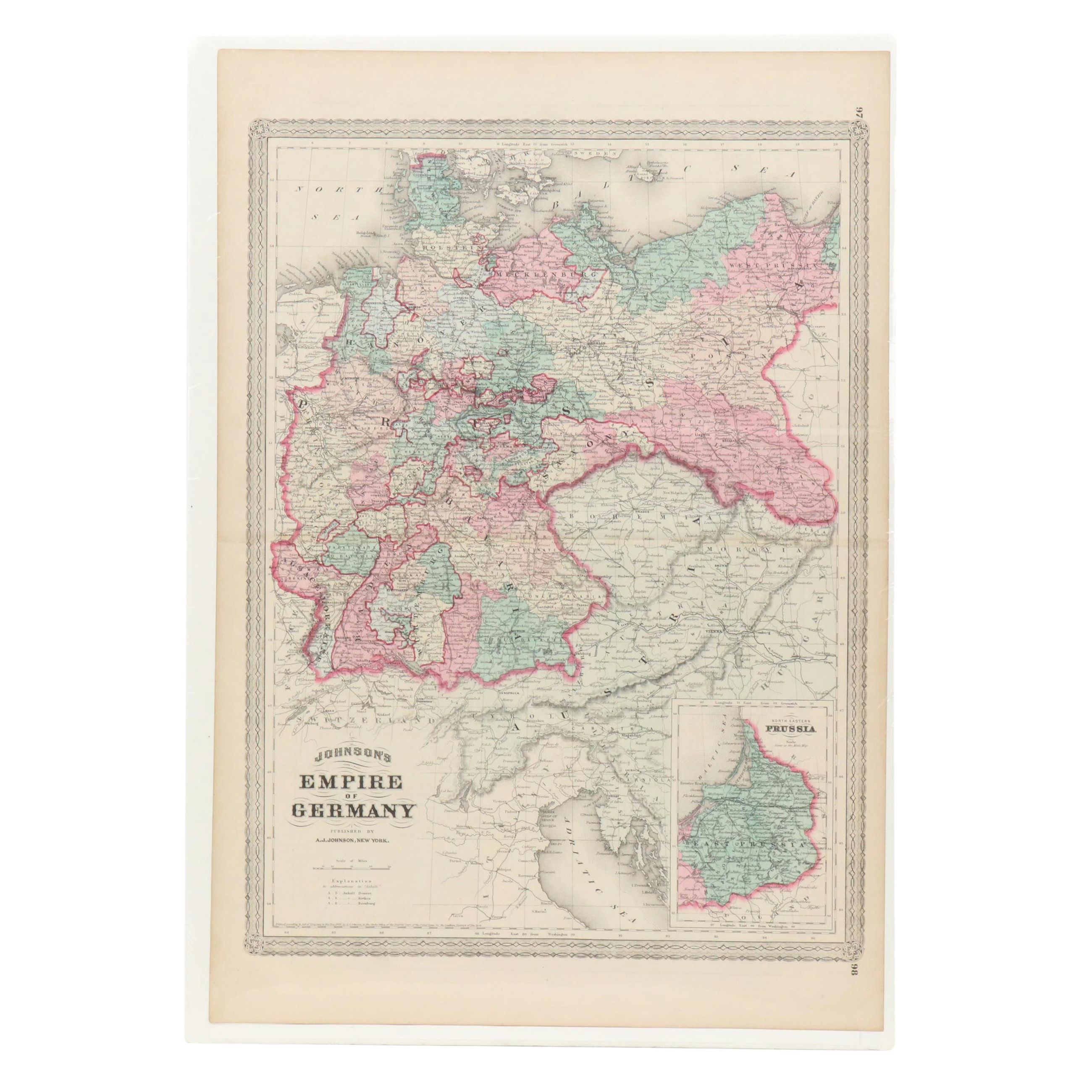 Hand-Colored Engraved Map "Johnson's Empire of Germany," Circa 1870