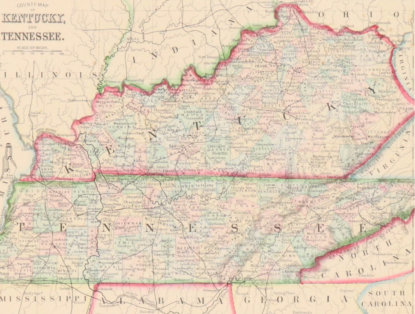 Hand-Colored Engraved Map "County Map of Kentucky and Tennessee," c. 1871