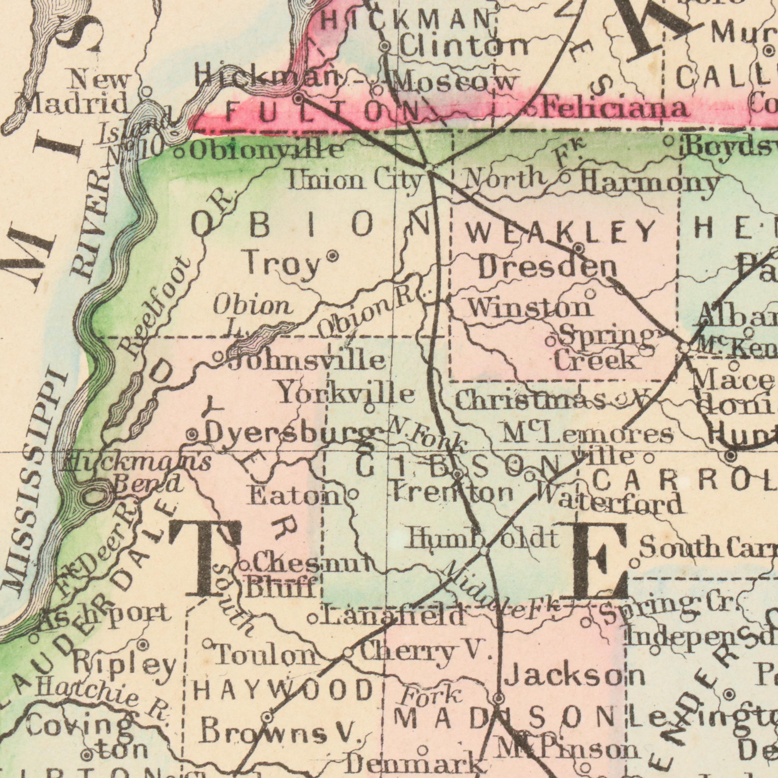 Hand-Colored Engraved Map "County Map of Kentucky and Tennessee," c. 1871
