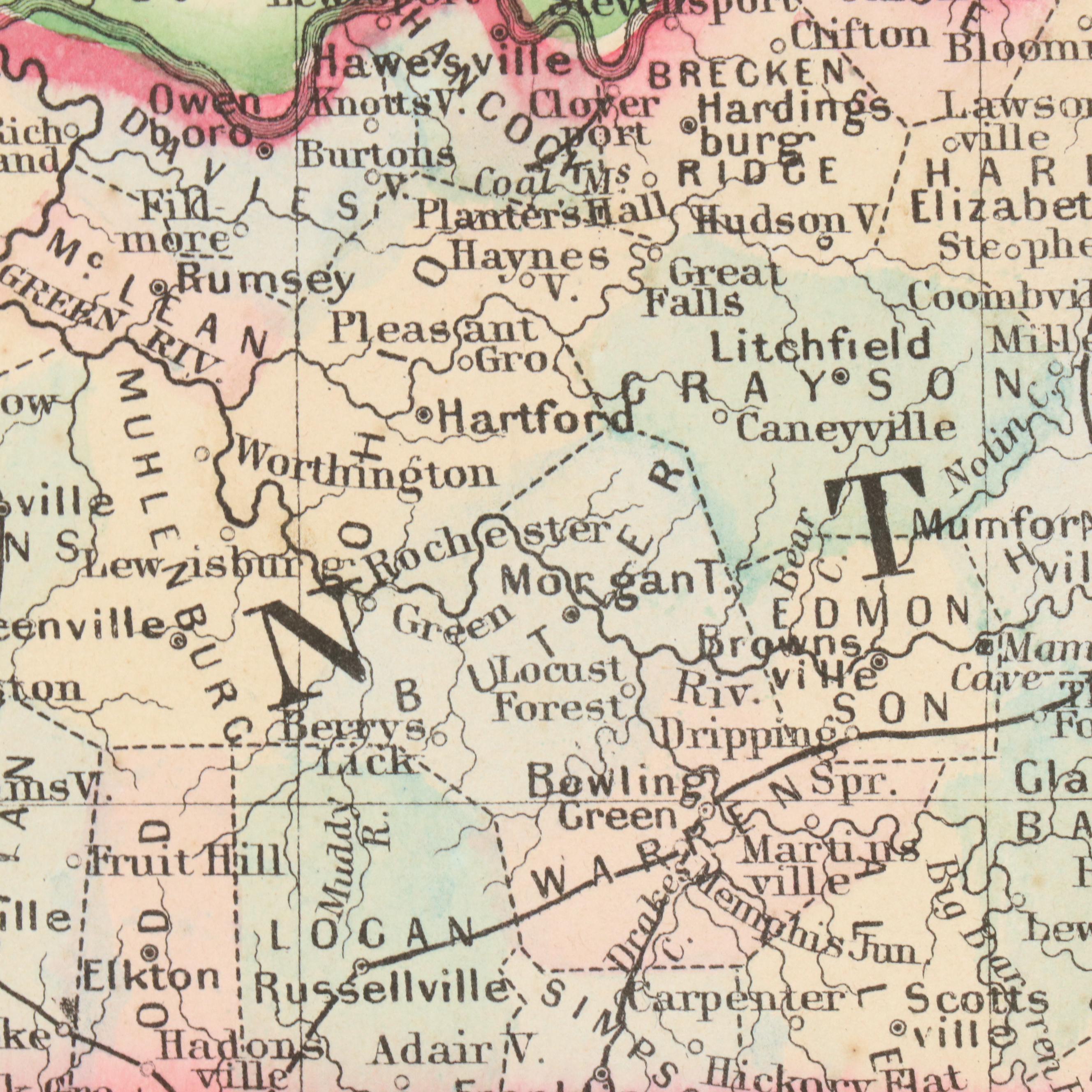 Hand-Colored Engraved Map "County Map of Kentucky and Tennessee," c. 1871