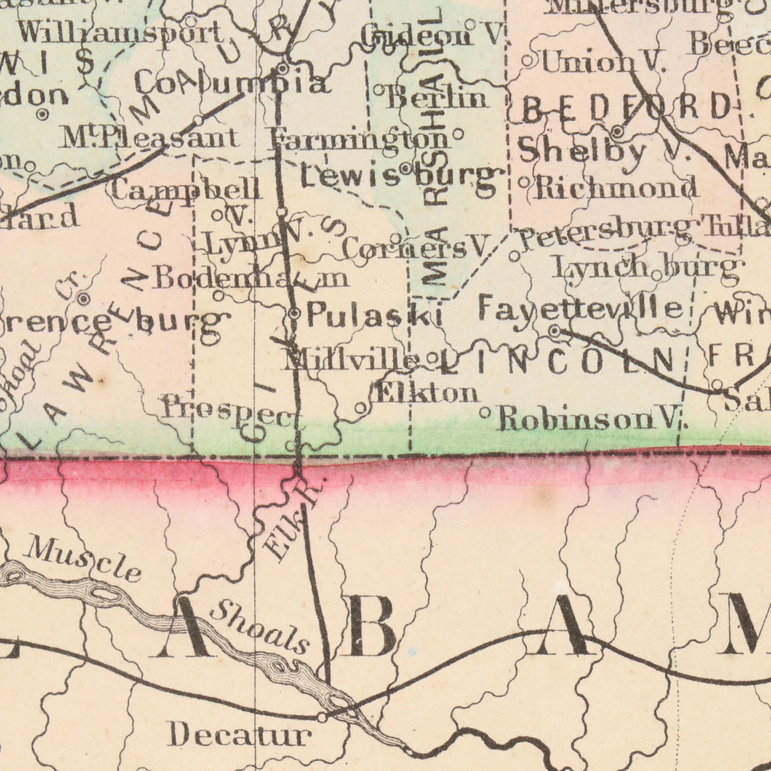 Hand-Colored Engraved Map "County Map of Kentucky and Tennessee," c. 1871