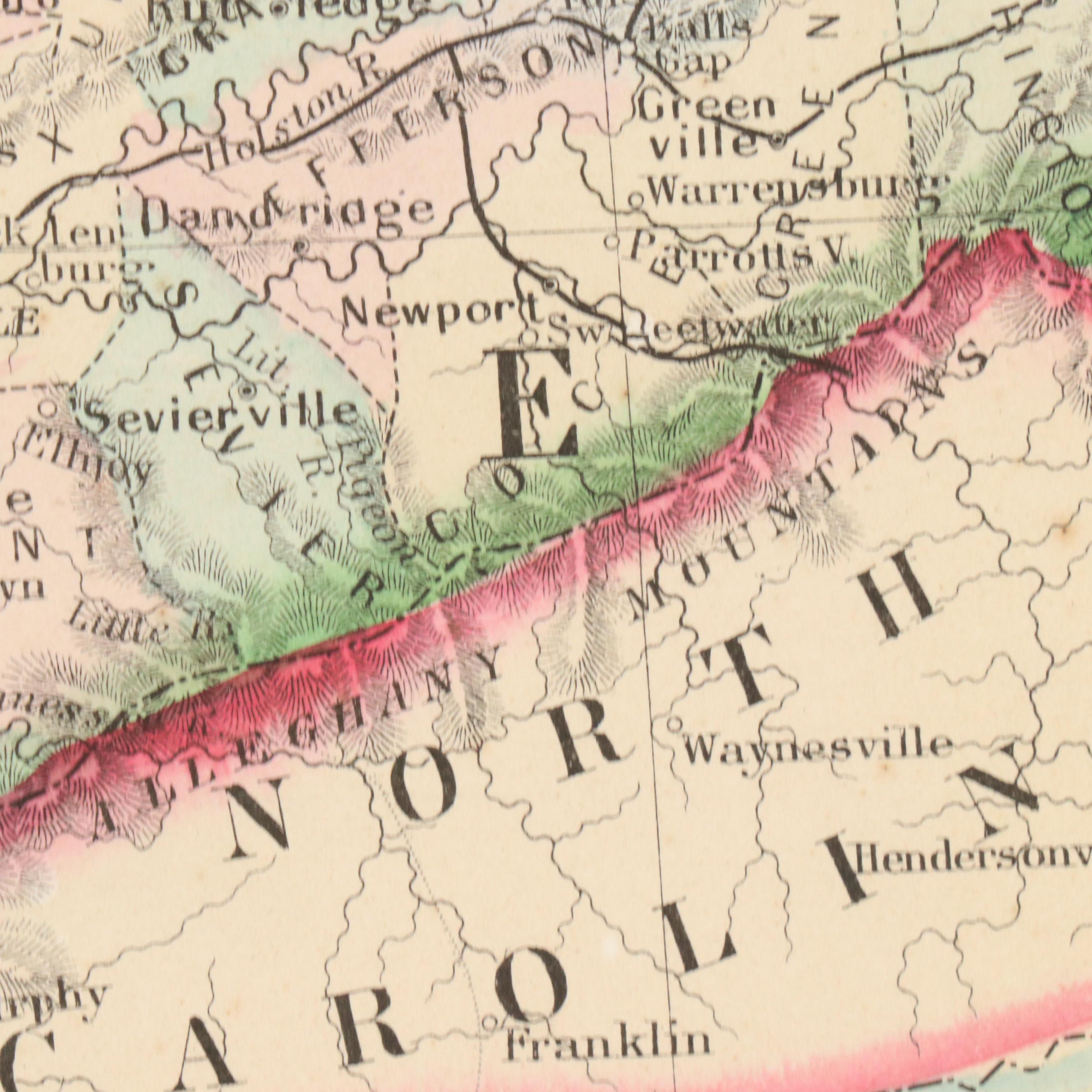 Hand-Colored Engraved Map "County Map of Kentucky and Tennessee," c. 1871