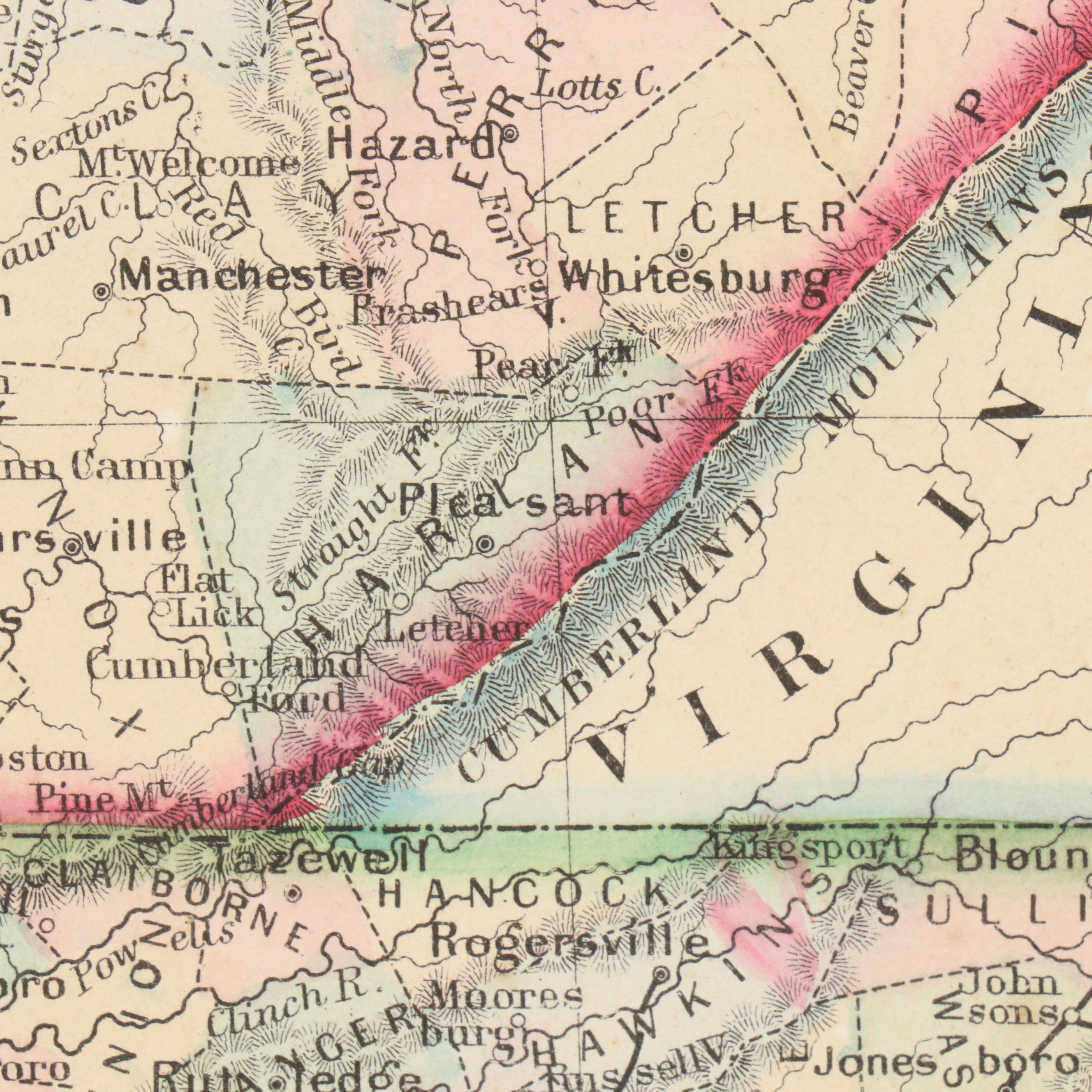 Hand-Colored Engraved Map "County Map of Kentucky and Tennessee," c. 1871