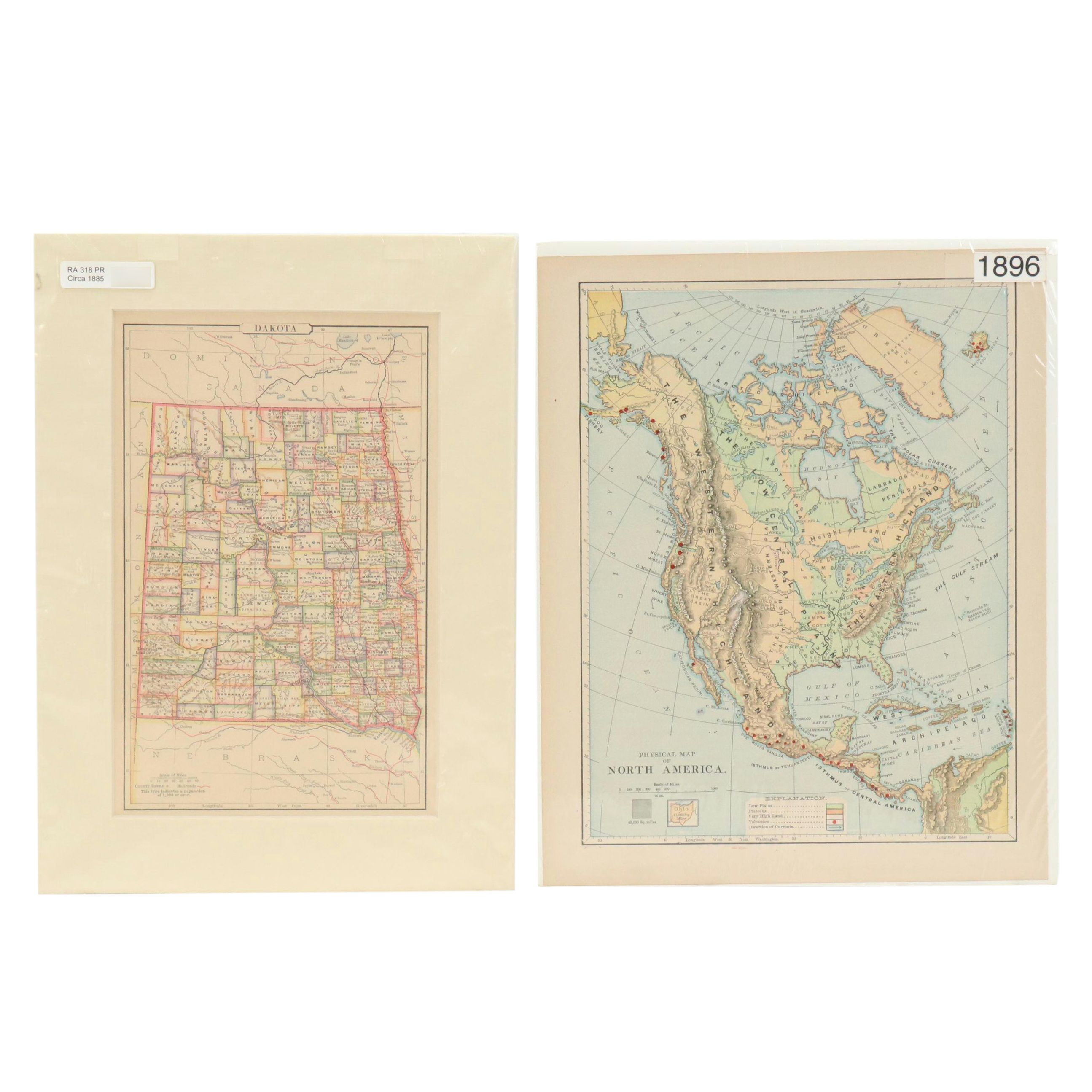 Wax Engraved Maps "Dakota" and "Physical Map of North America"