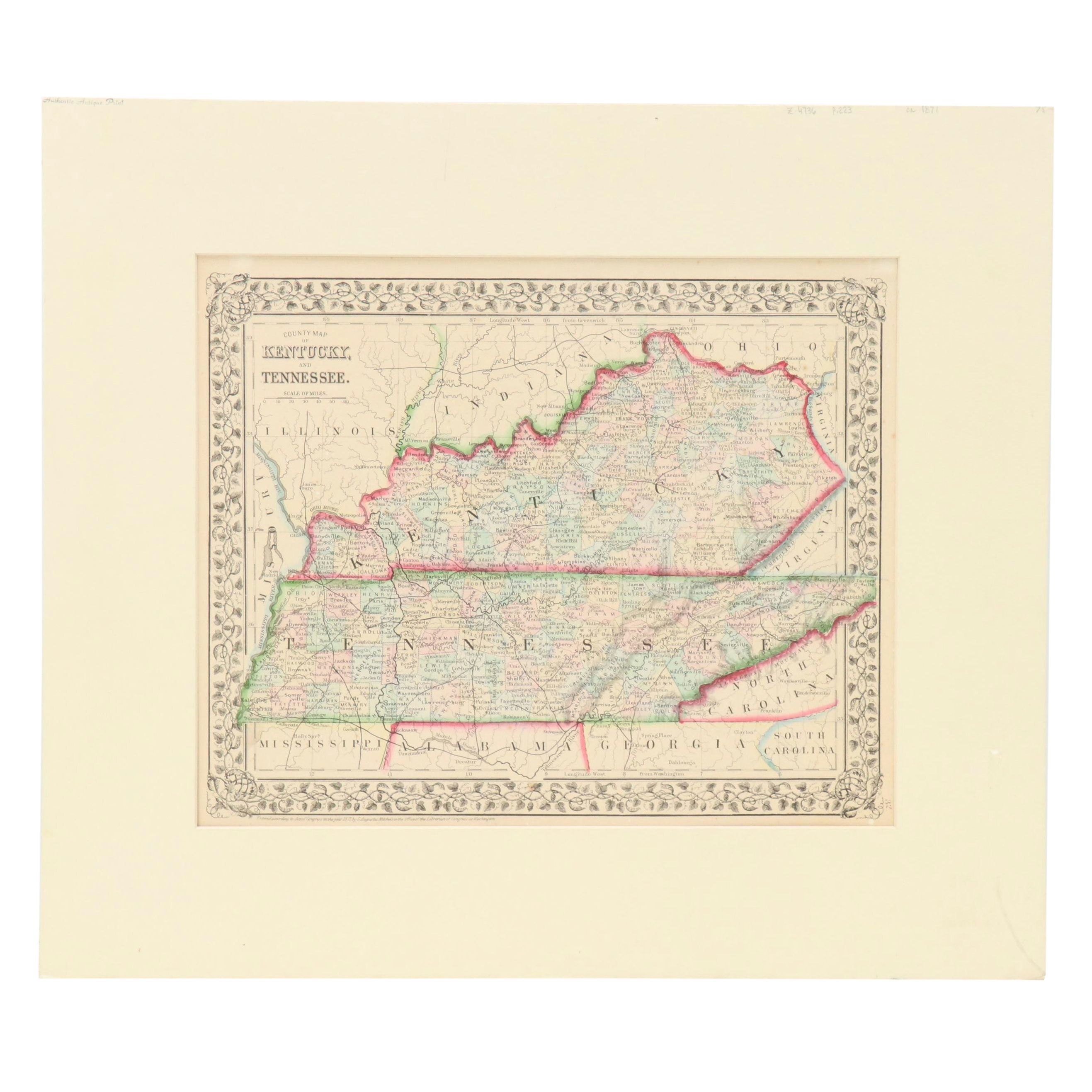 Hand-Colored Engraved Map "County Map of Kentucky and Tennessee," c. 1871