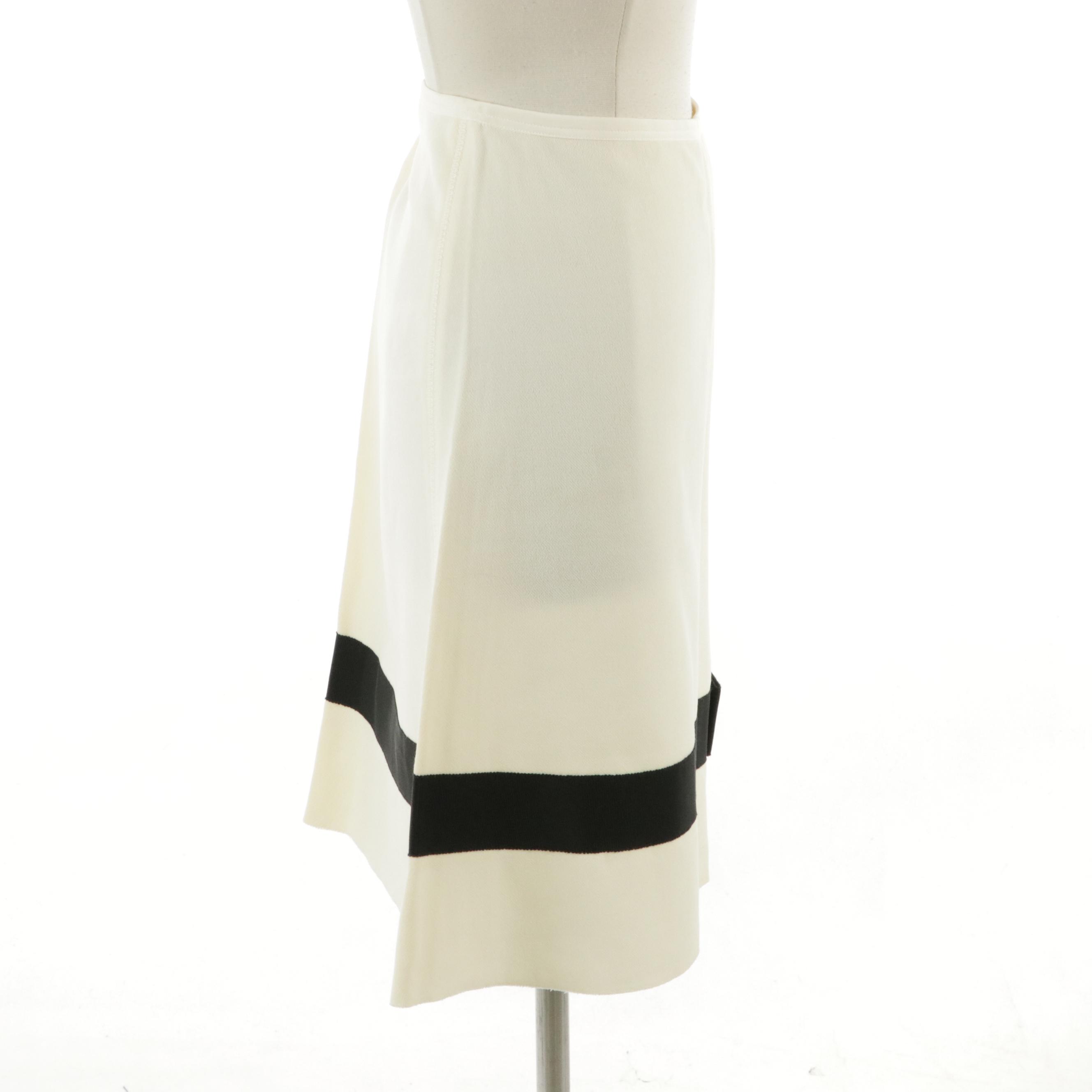Prada Ivory Virgin Wool Midi Skirt with Black Grosgrain Trim; Retains Tags