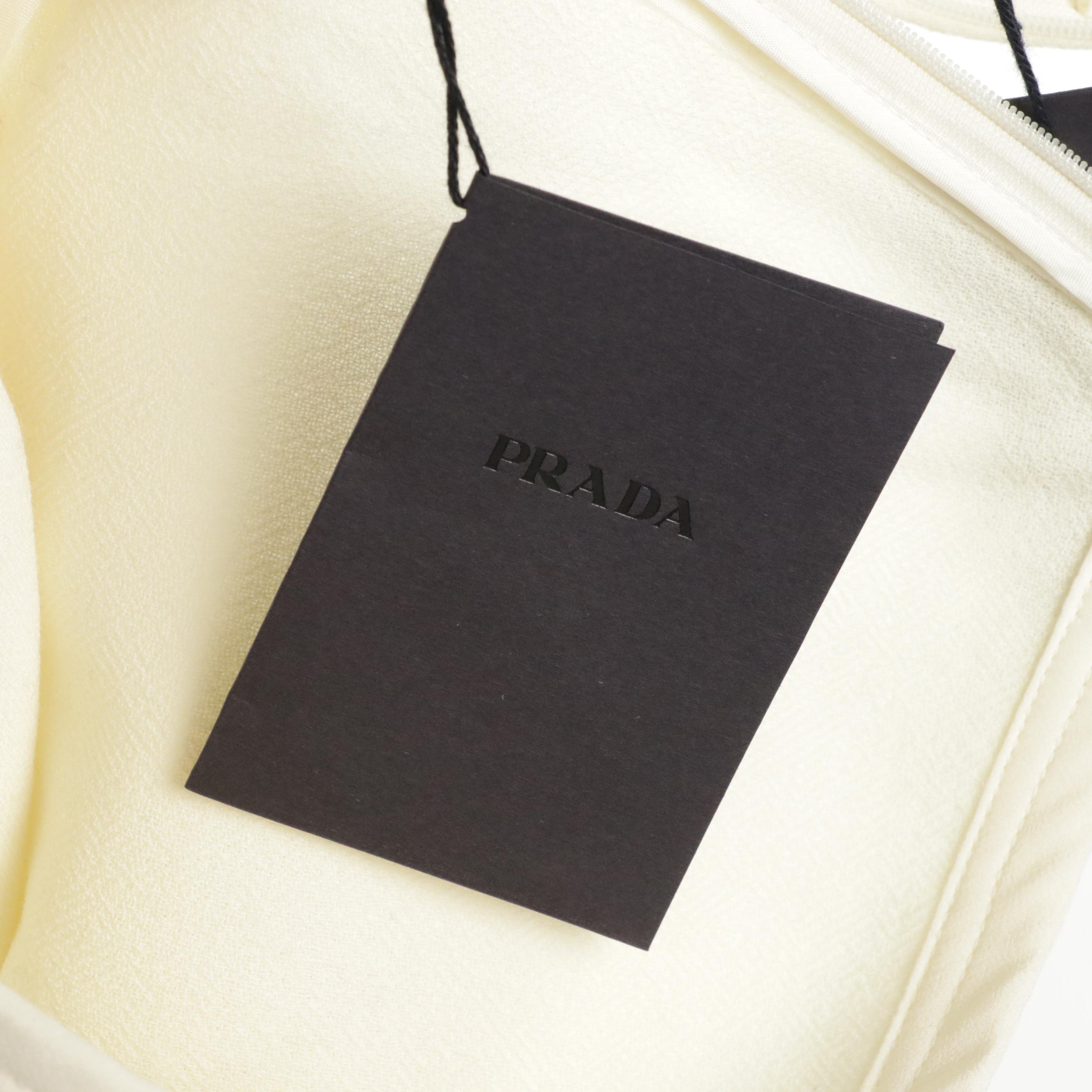 Prada Ivory Virgin Wool Midi Skirt with Black Grosgrain Trim; Retains Tags