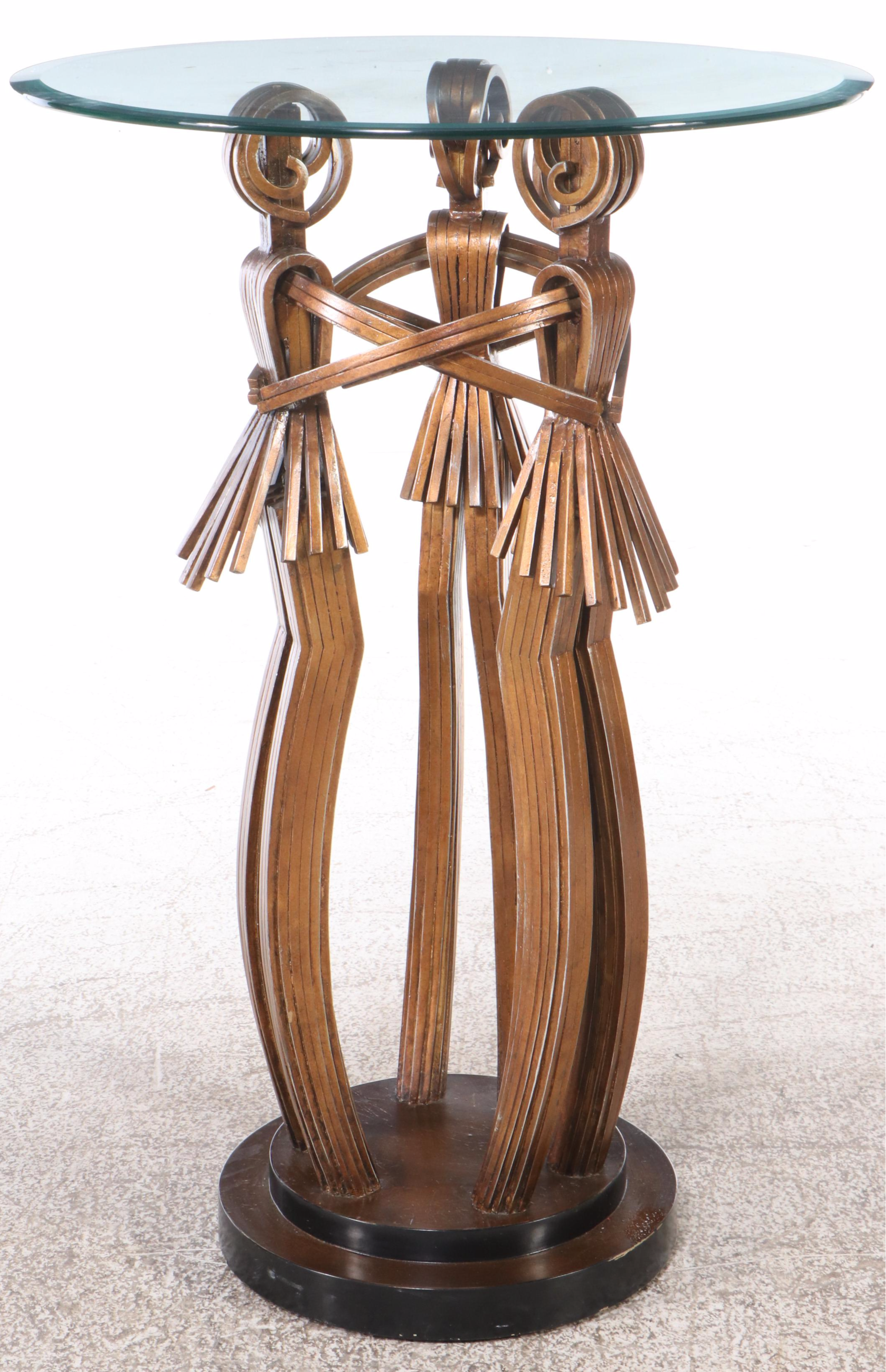 Contemporary Metal Figural Pedestal Table with Glass Top