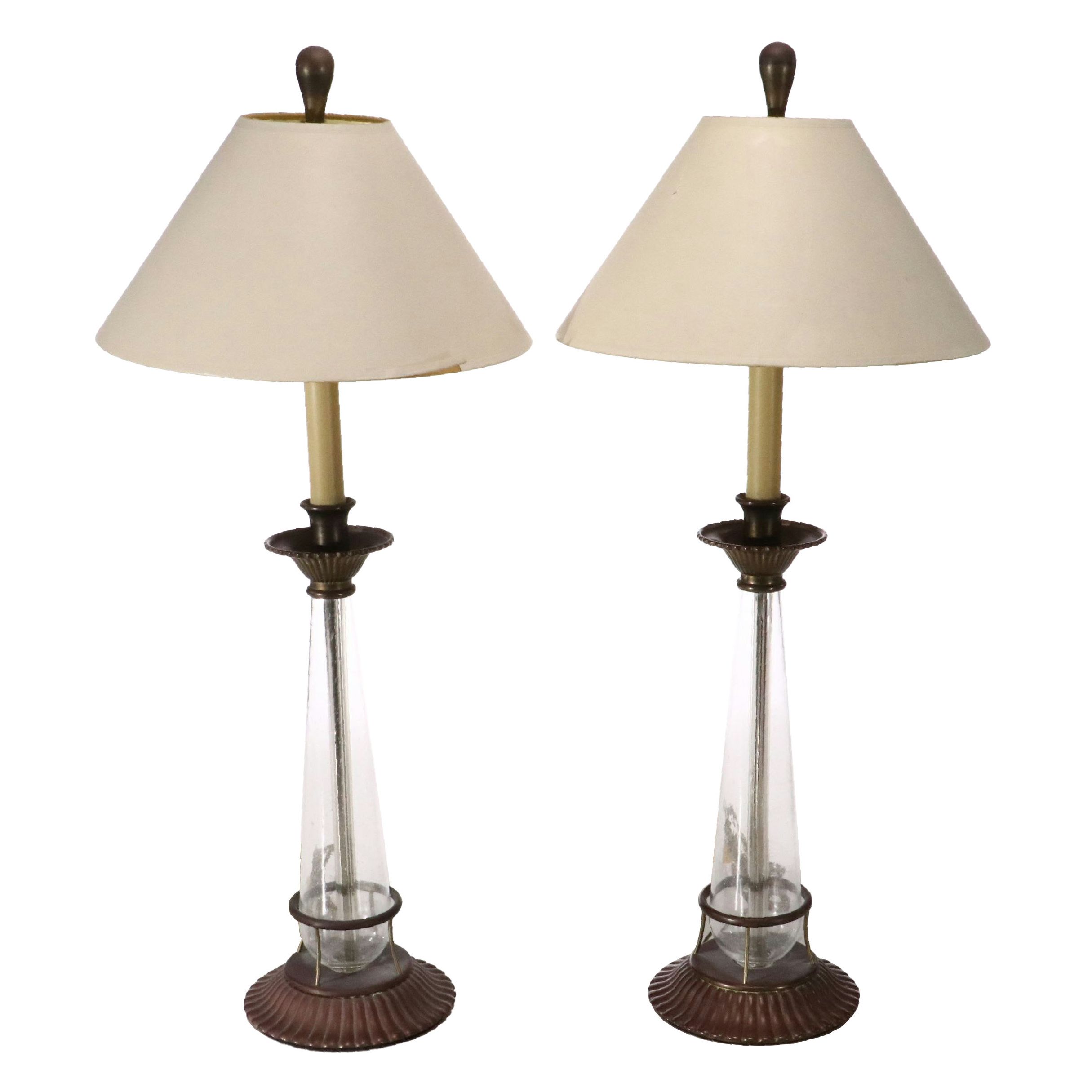 E. F. Chapman Bronzed Metal & Seed Glass Table Lamps with Coolie Shades, 1988