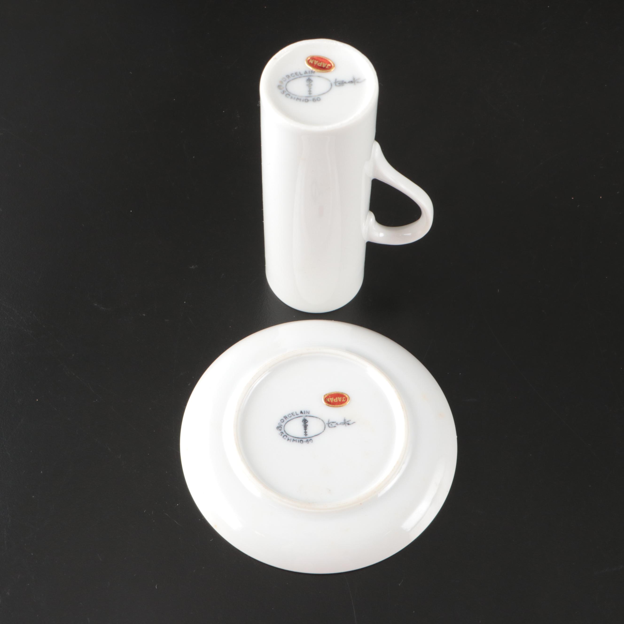 Schmid-60 Porcelain Demitasse Cups and Saucers with Carved Stone Figurine