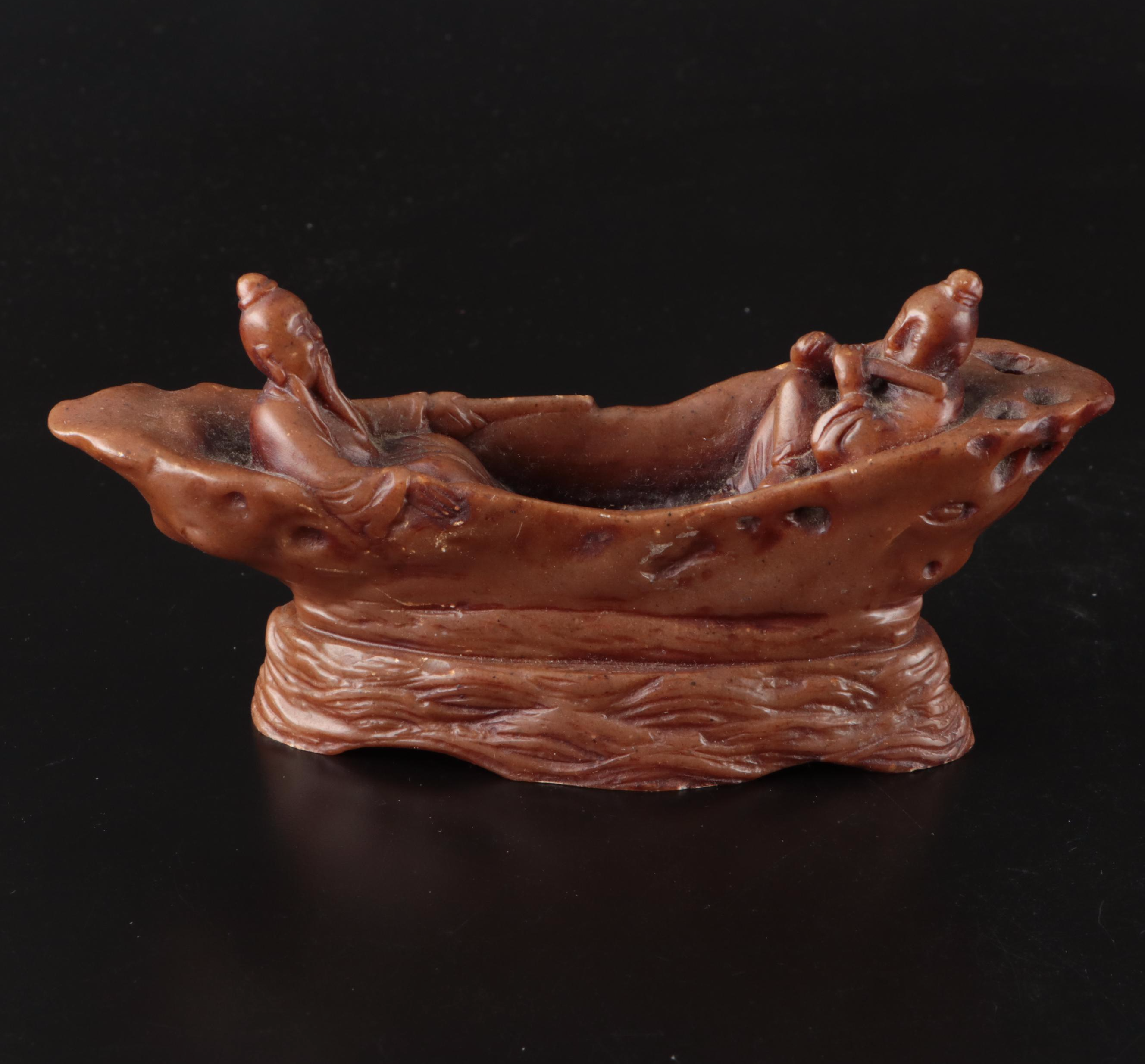 Schmid-60 Porcelain Demitasse Cups and Saucers with Carved Stone Figurine