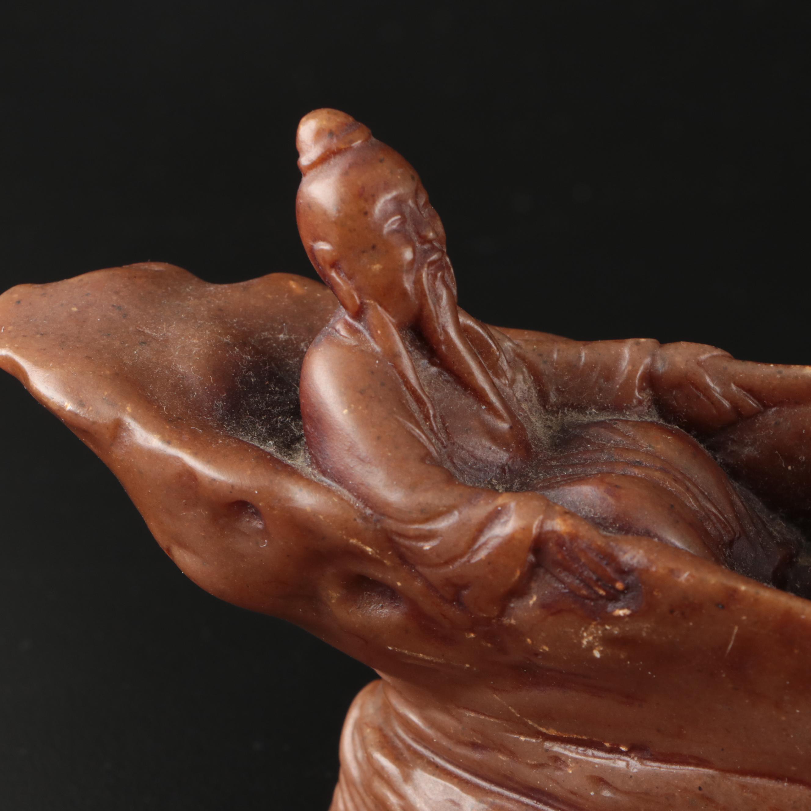 Schmid-60 Porcelain Demitasse Cups and Saucers with Carved Stone Figurine