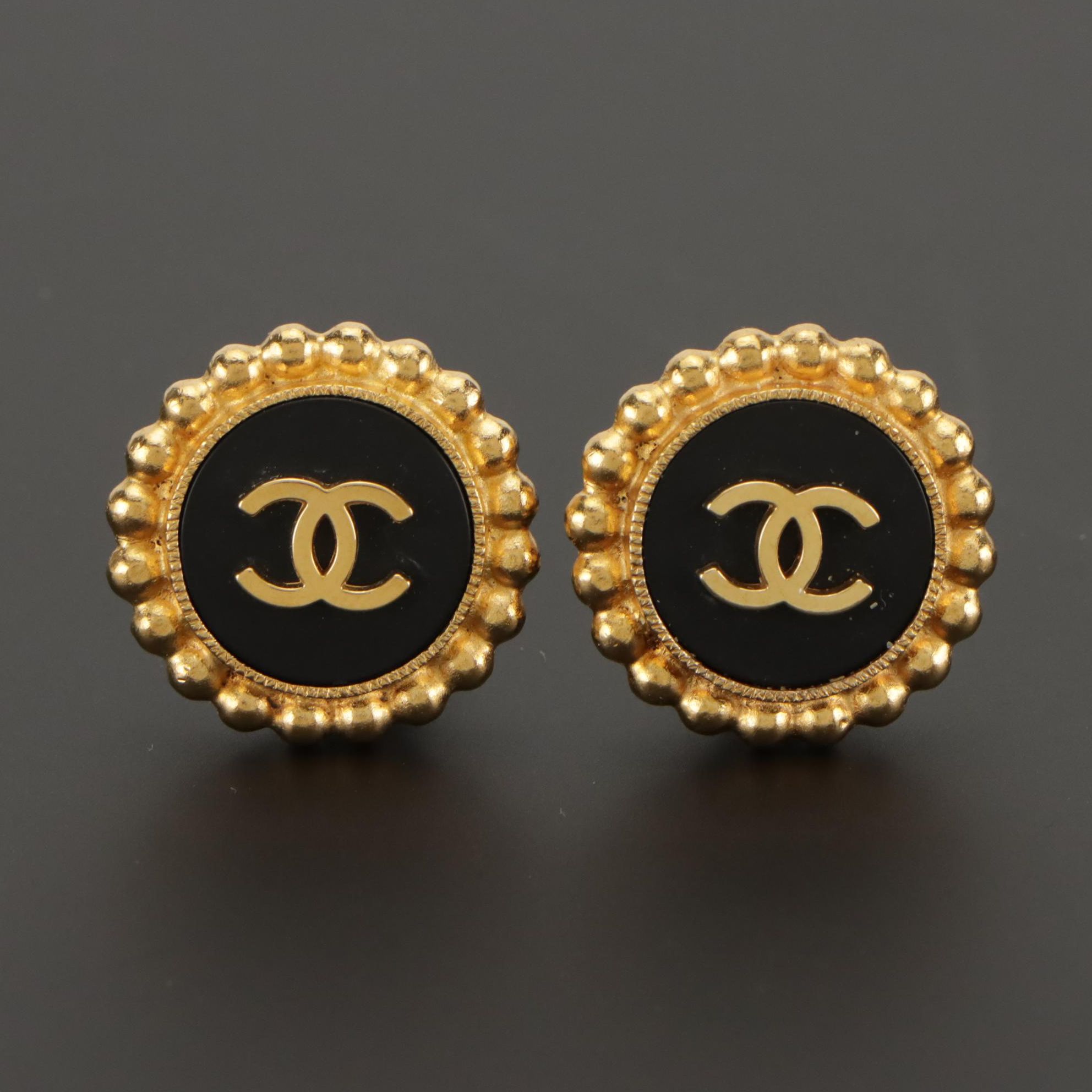 Chanel CC Button Clip-On Earrings in Box, 1990s