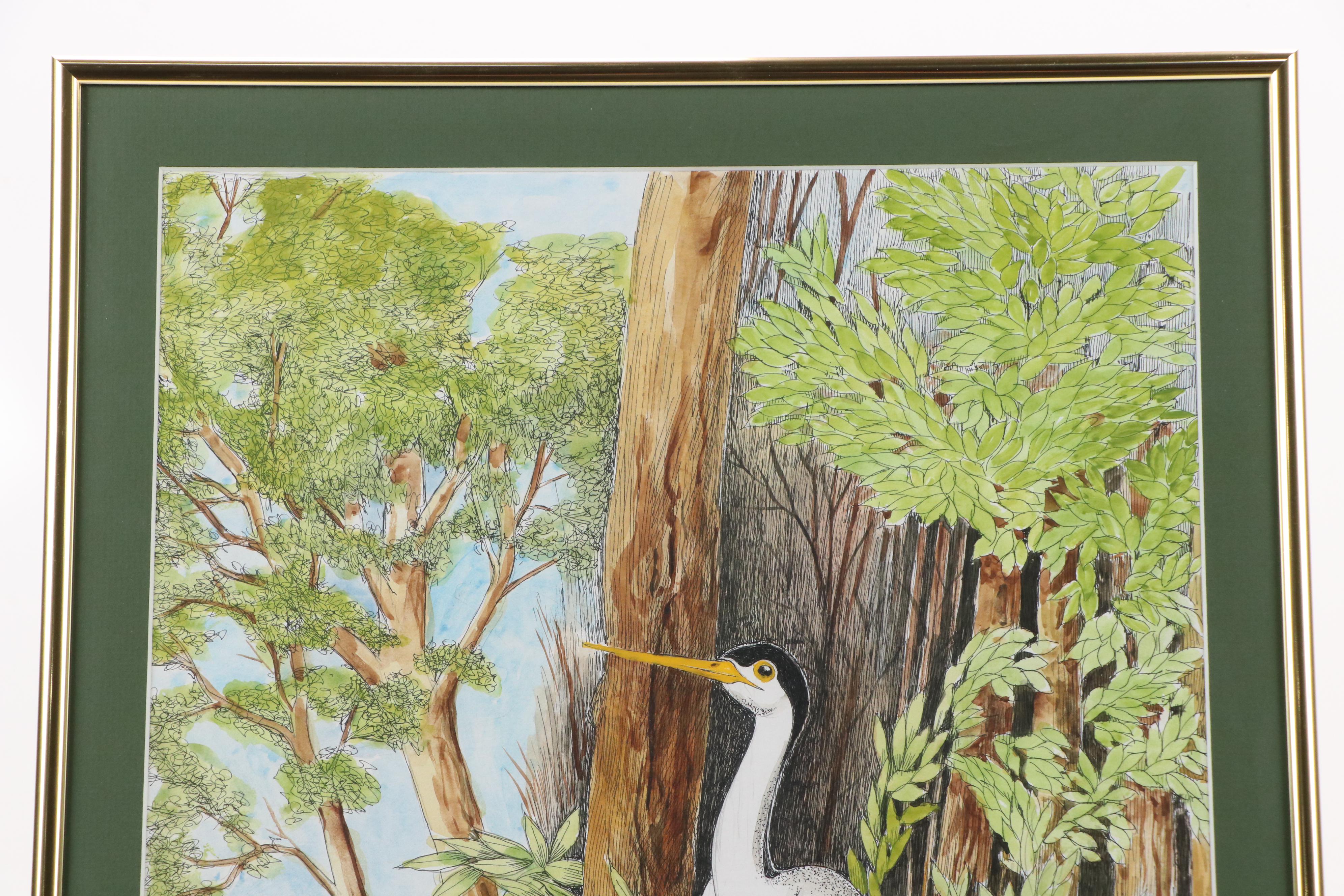 Watercolor, Pen and Ink Drawing of Black Crowned Egret