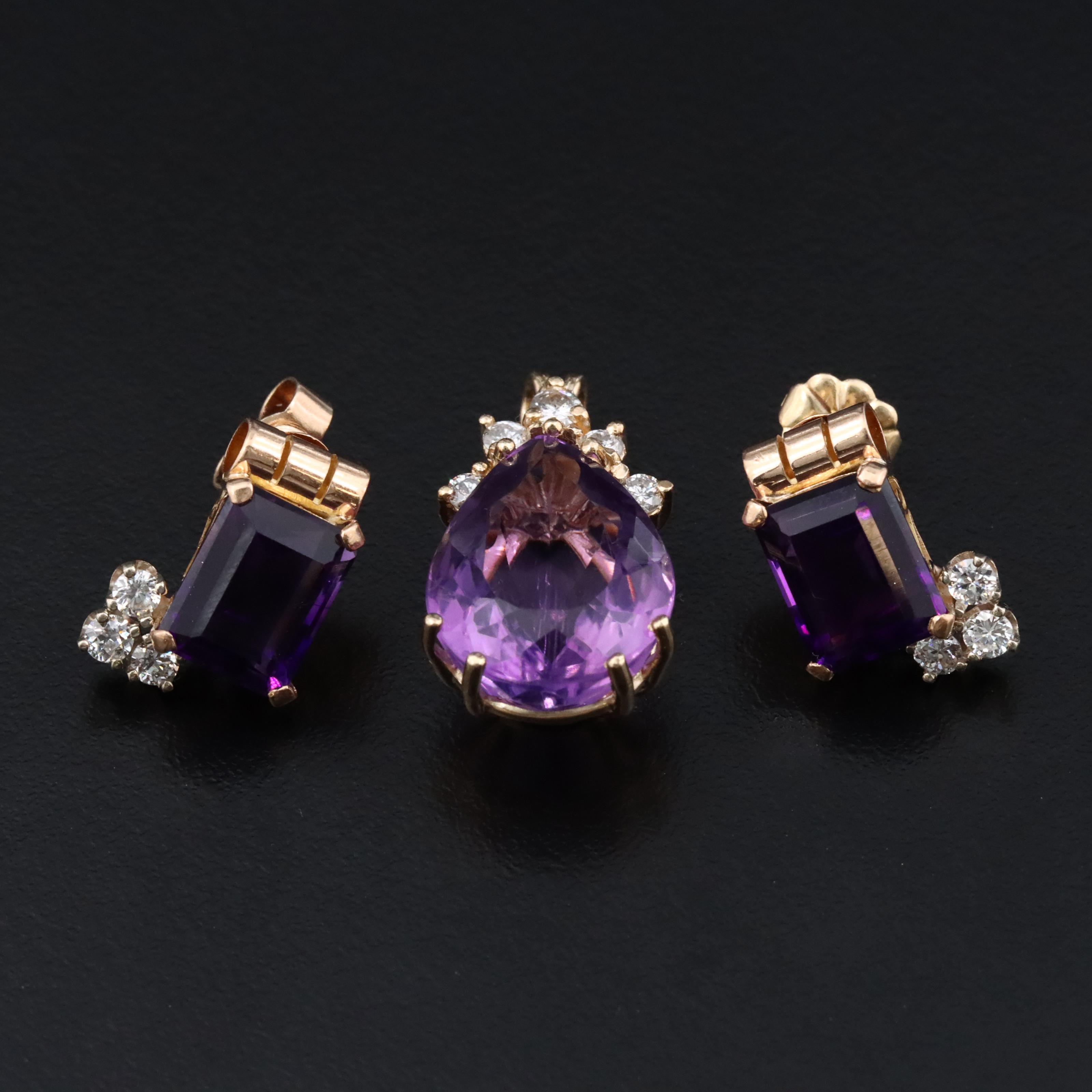 14K Amethyst and Diamond Earrings and Pendant