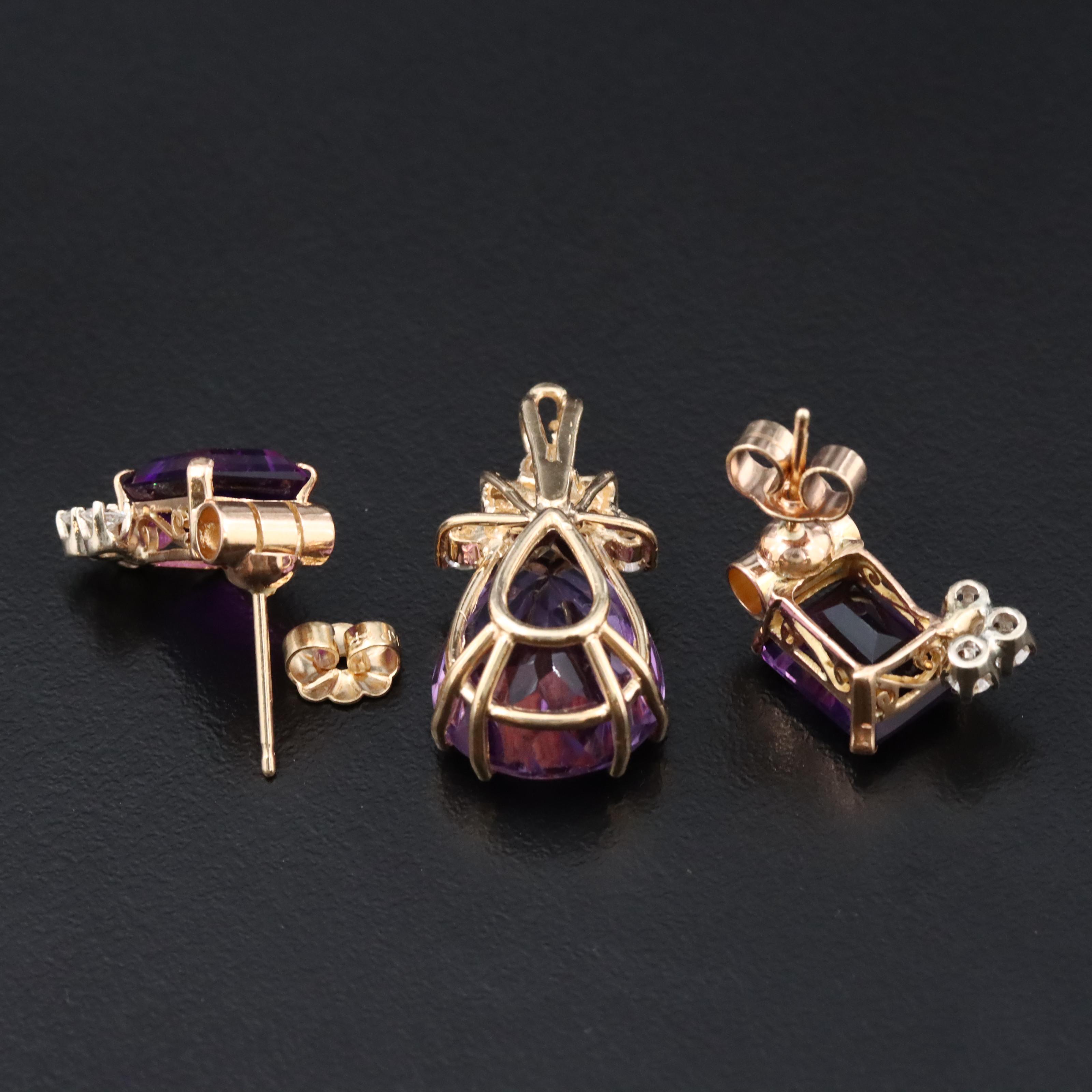 14K Amethyst and Diamond Earrings and Pendant