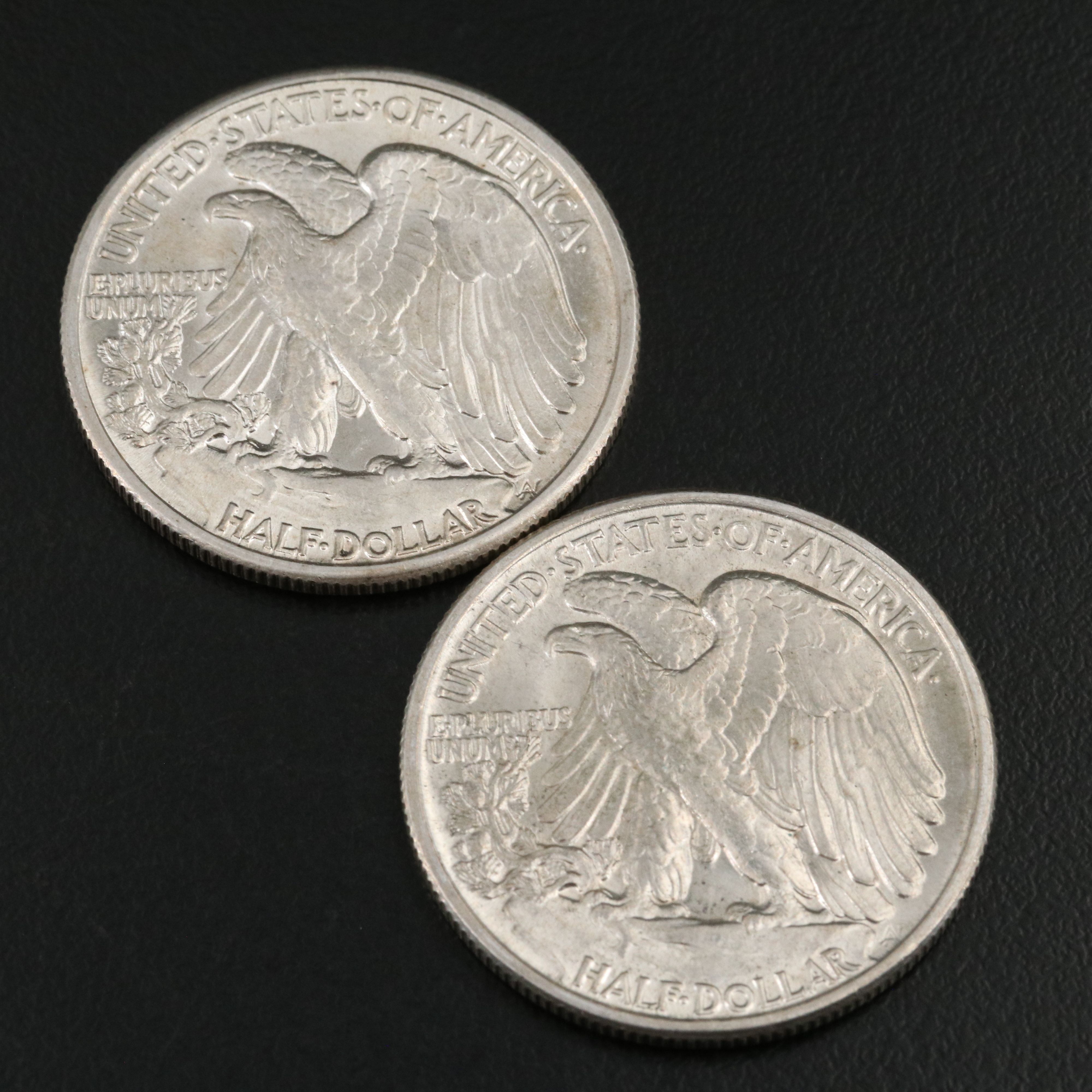 Four Walking Liberty Half Dollars, 1941, 1942, 1943, and 1946