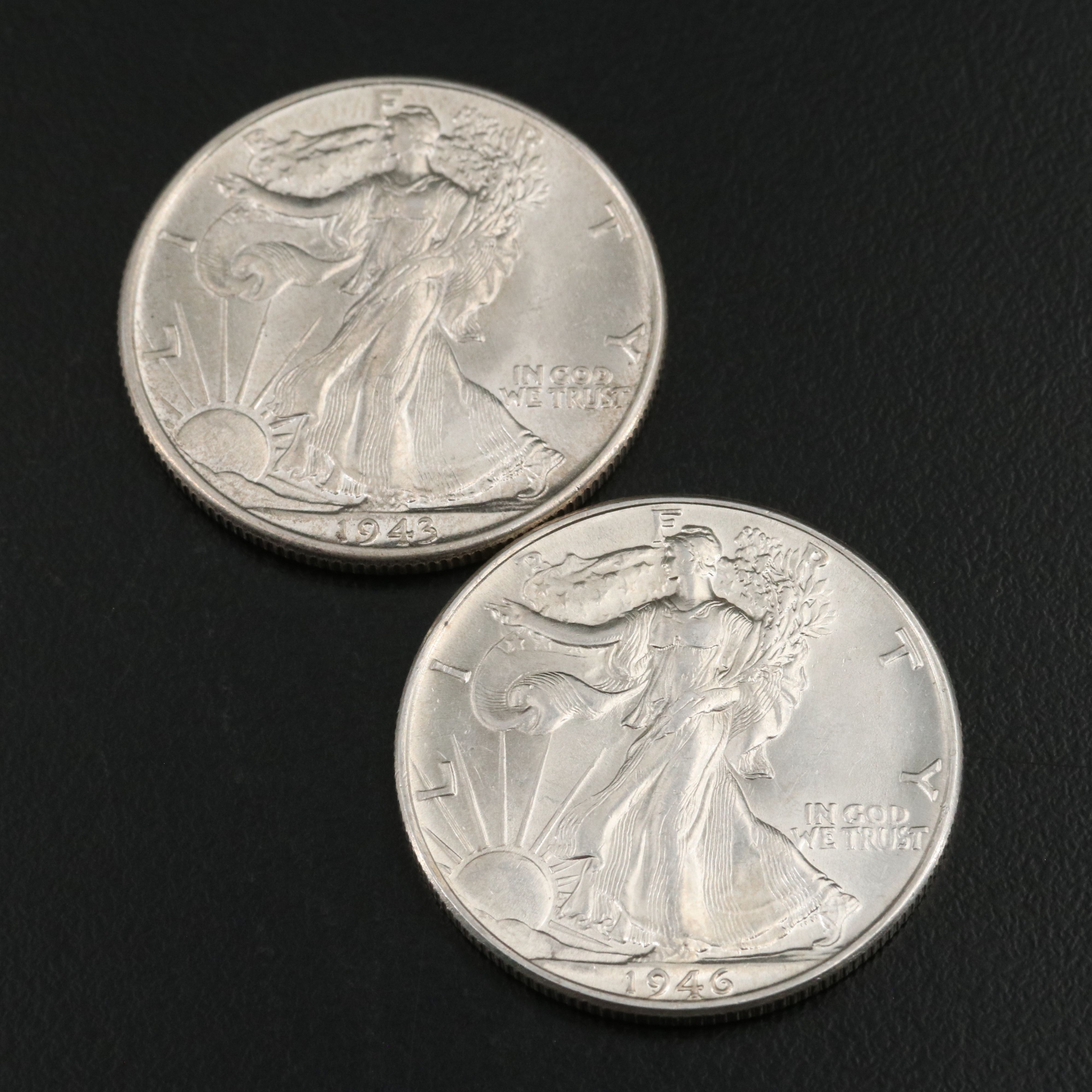 Four Walking Liberty Half Dollars, 1941, 1942, 1943, and 1946