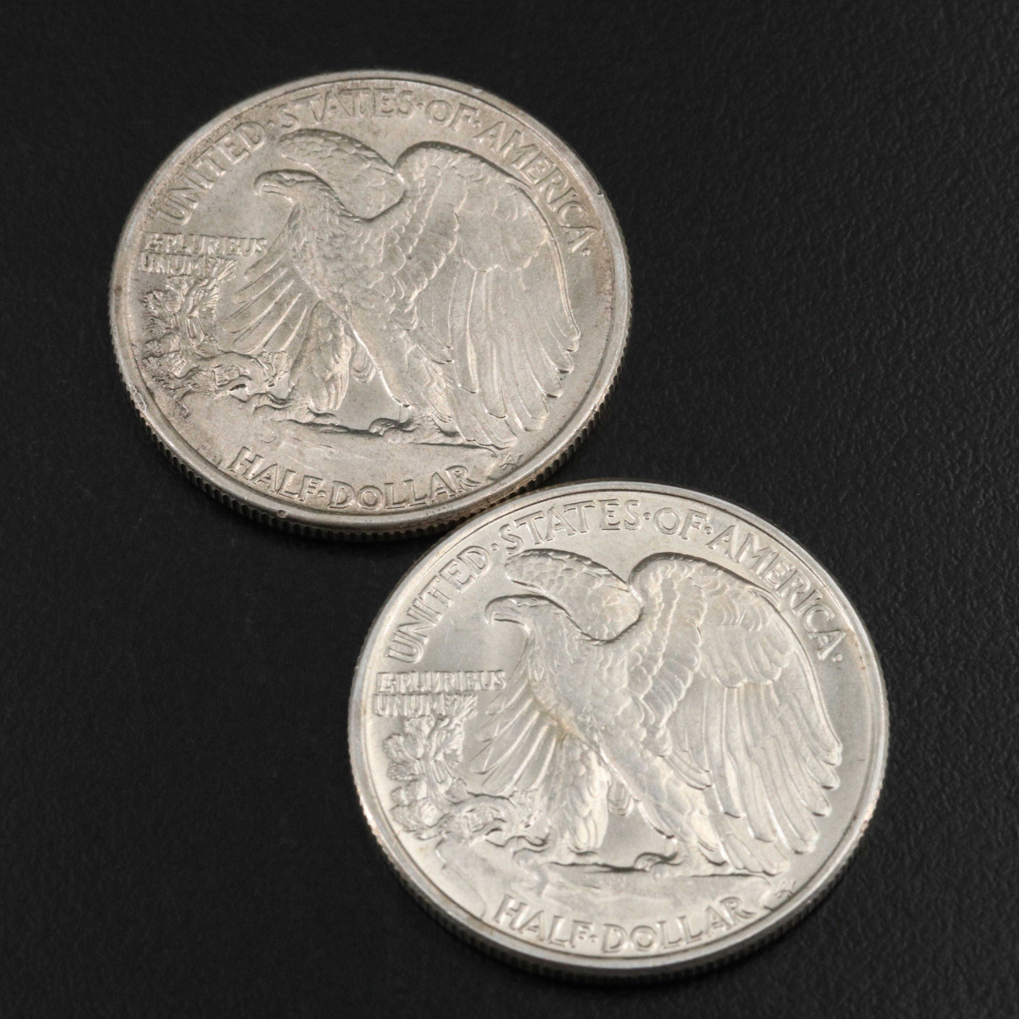 Four Walking Liberty Half Dollars, 1941, 1942, 1943, and 1946
