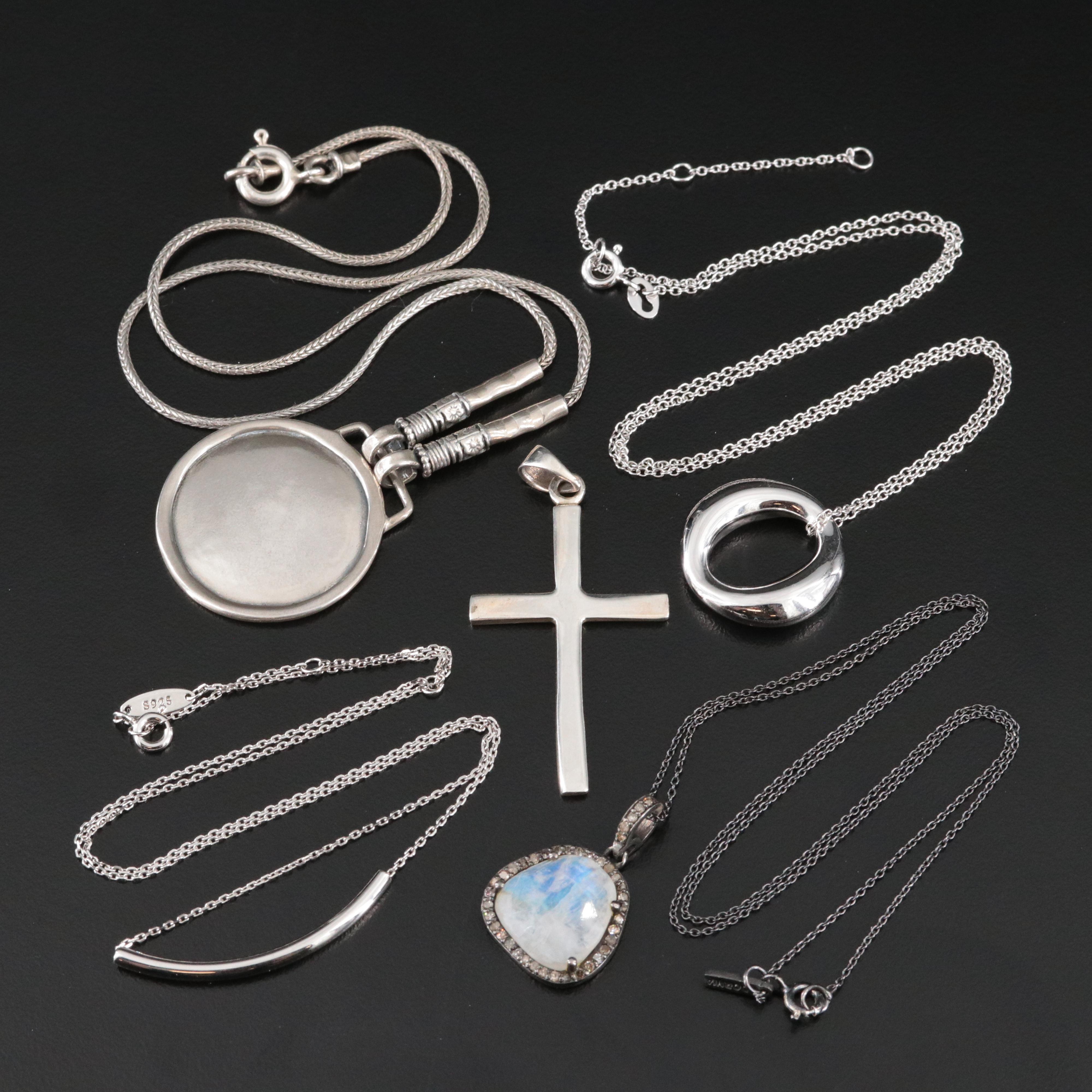 Sterling Rainbow Moonstone and Diamond Pendant Necklaces and Cross Pendant