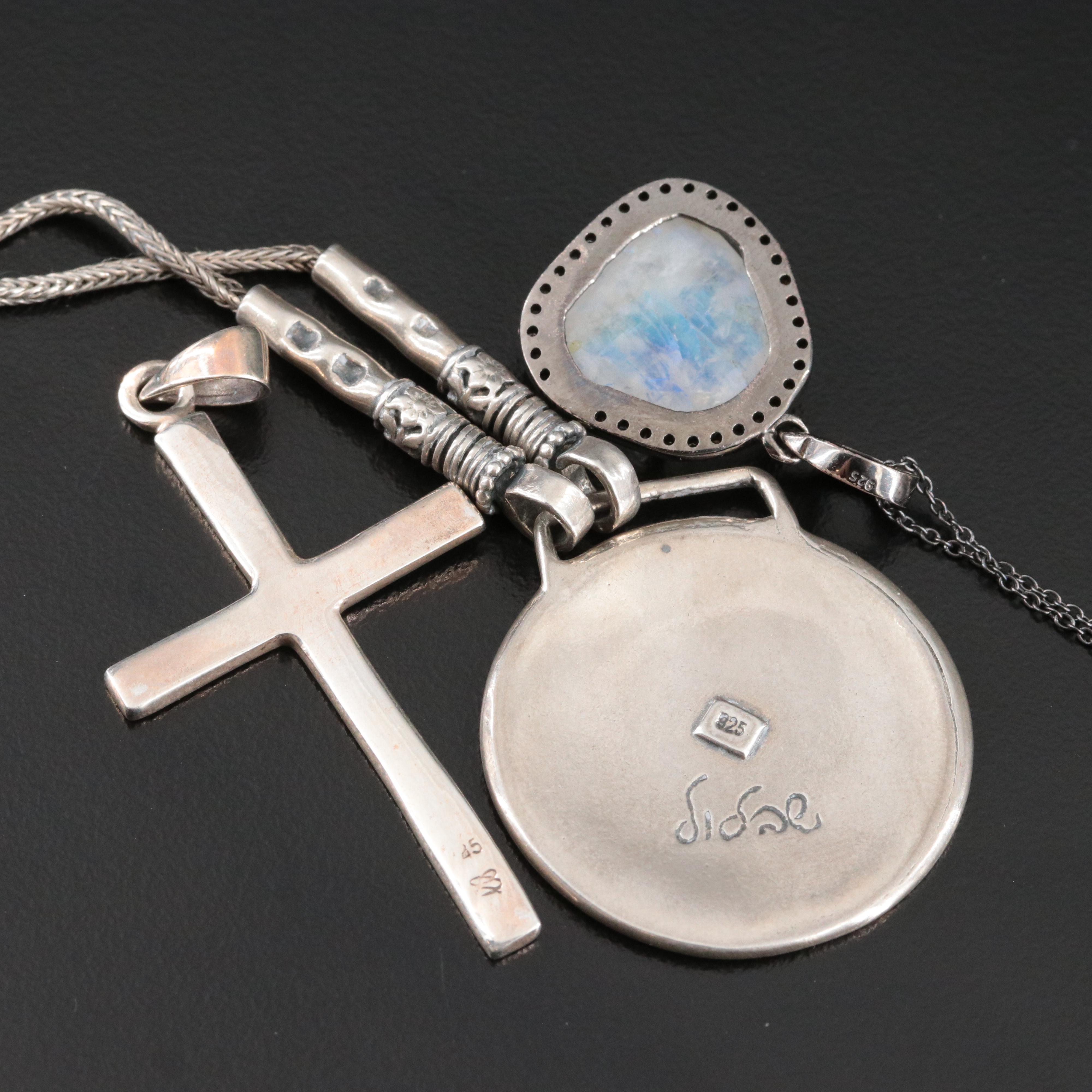 Sterling Rainbow Moonstone and Diamond Pendant Necklaces and Cross Pendant