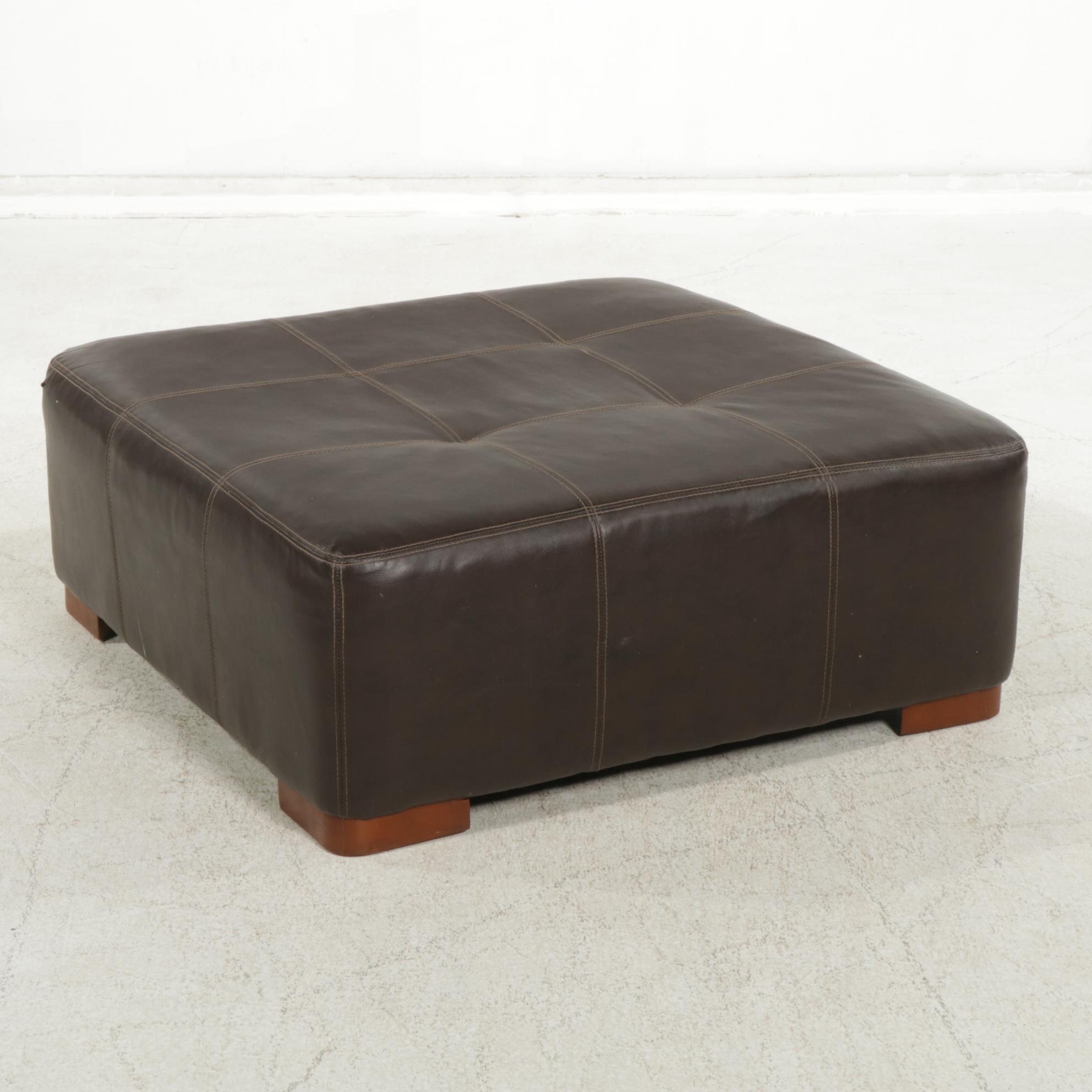HTL Square Leather Upholstered Ottoman, 21st Century