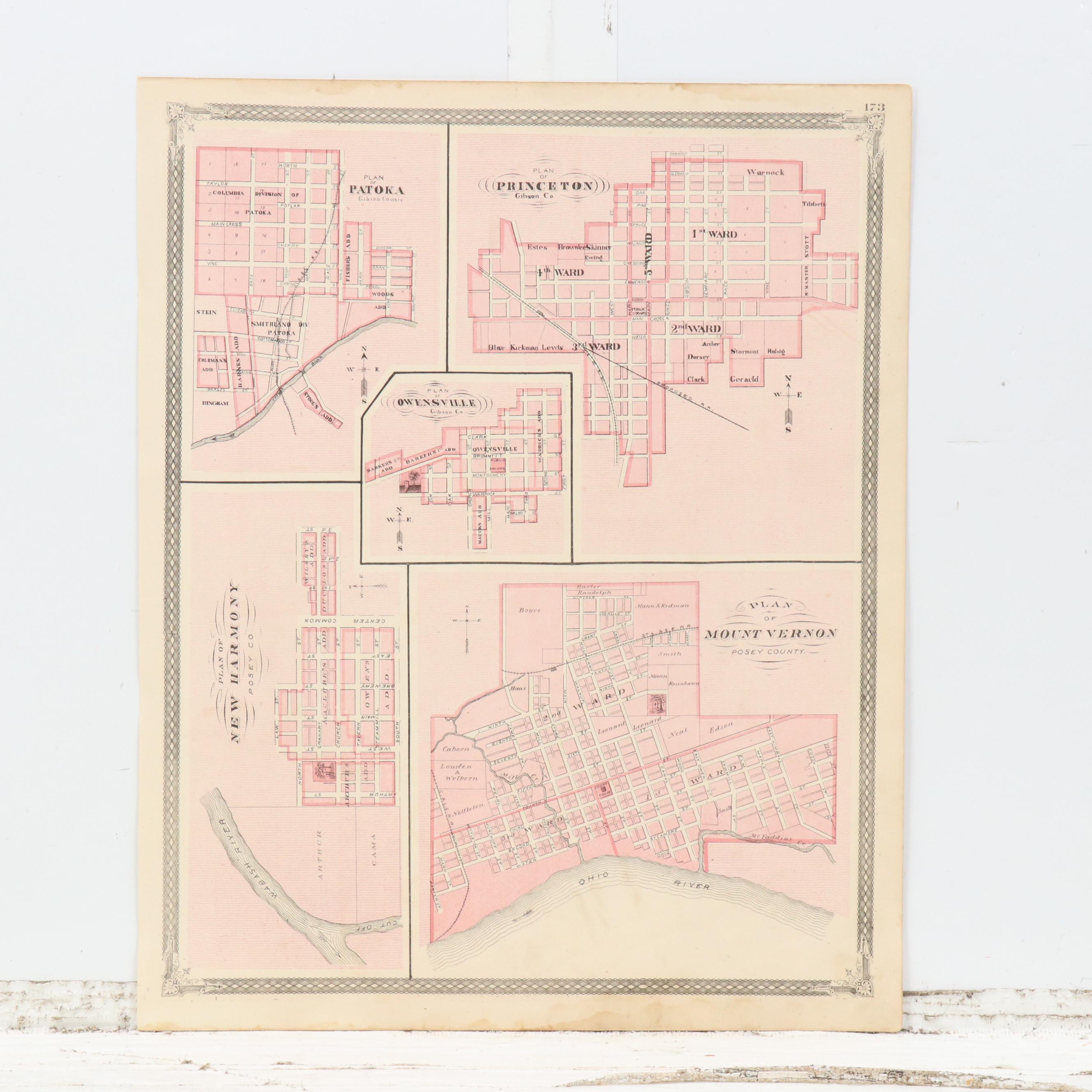 A. T. Andreas Wax Engraving "Map of Vanderburgh County" and City Maps, 1876