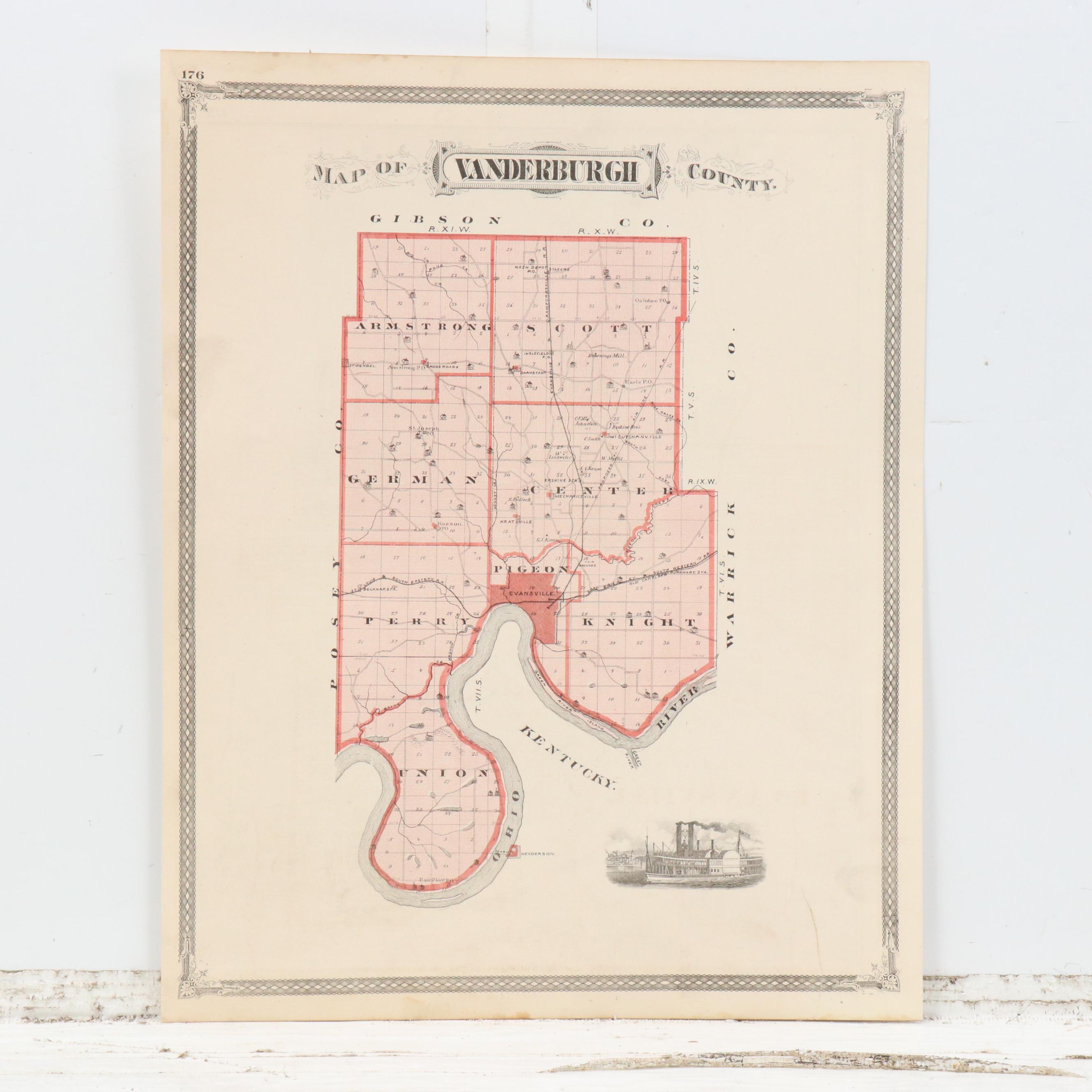 A. T. Andreas Wax Engraving "Map of Vanderburgh County" and City Maps, 1876