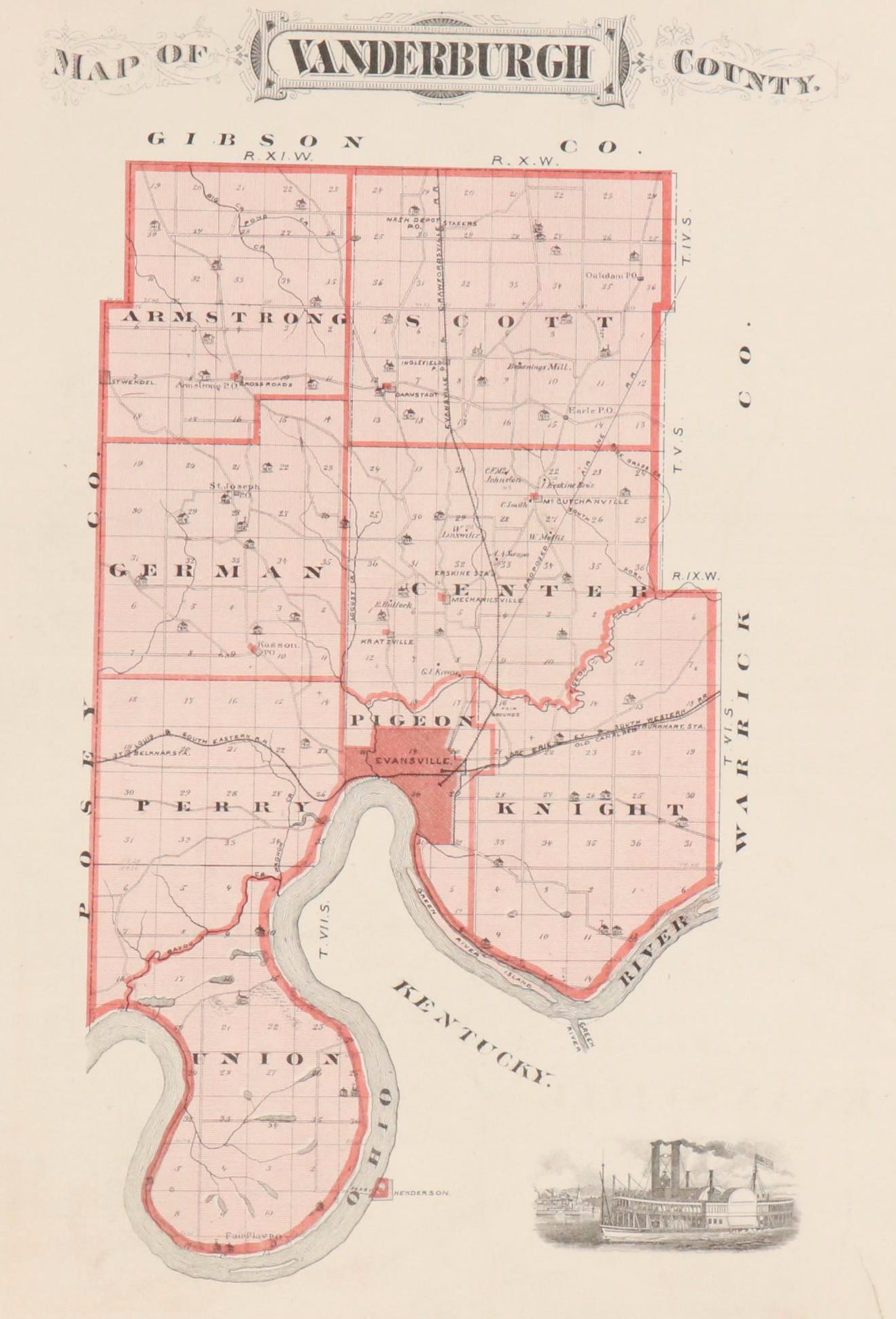 A. T. Andreas Wax Engraving "Map of Vanderburgh County" and City Maps, 1876