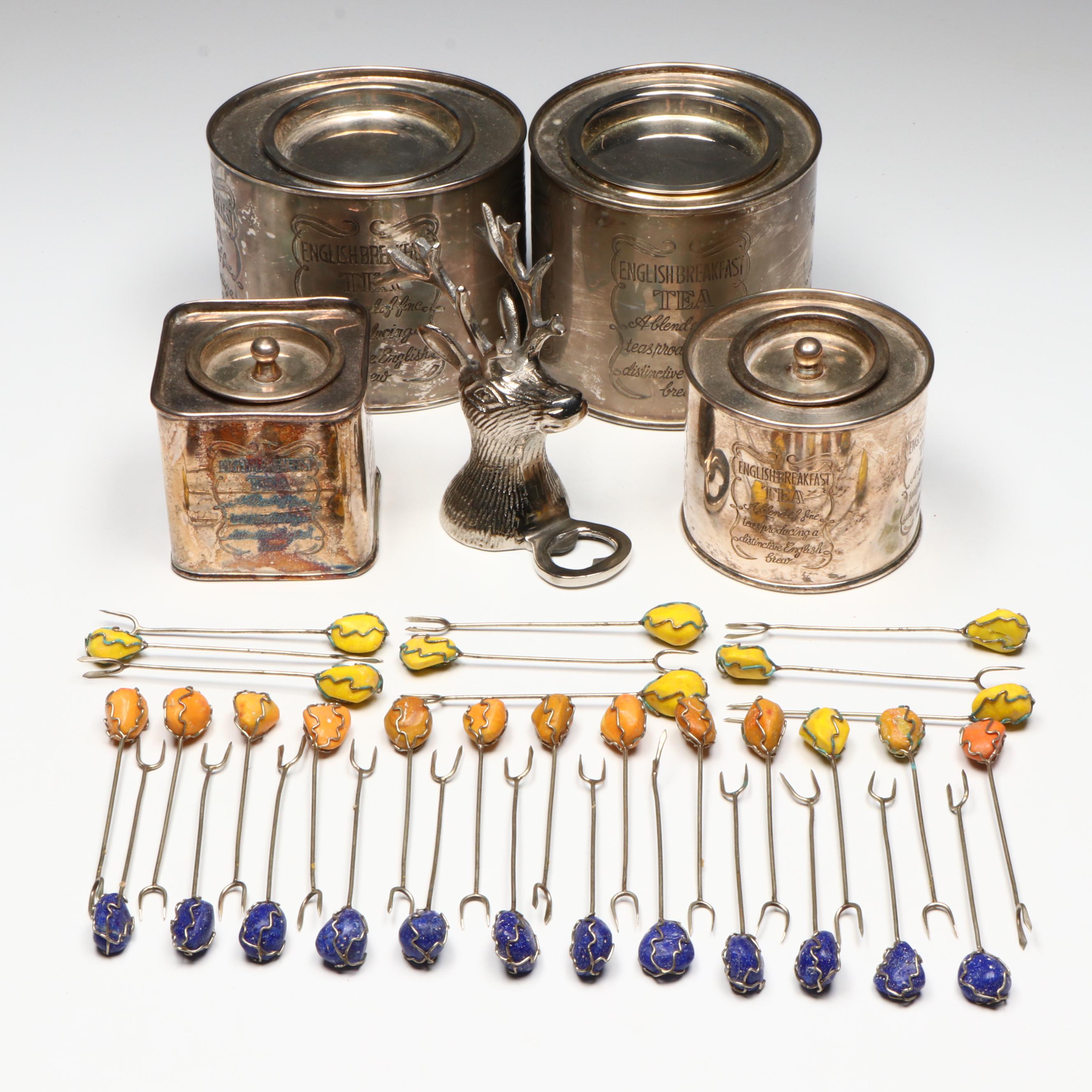 English Breakfast Tea Tins with Cocktail Forks and Bottle Opener