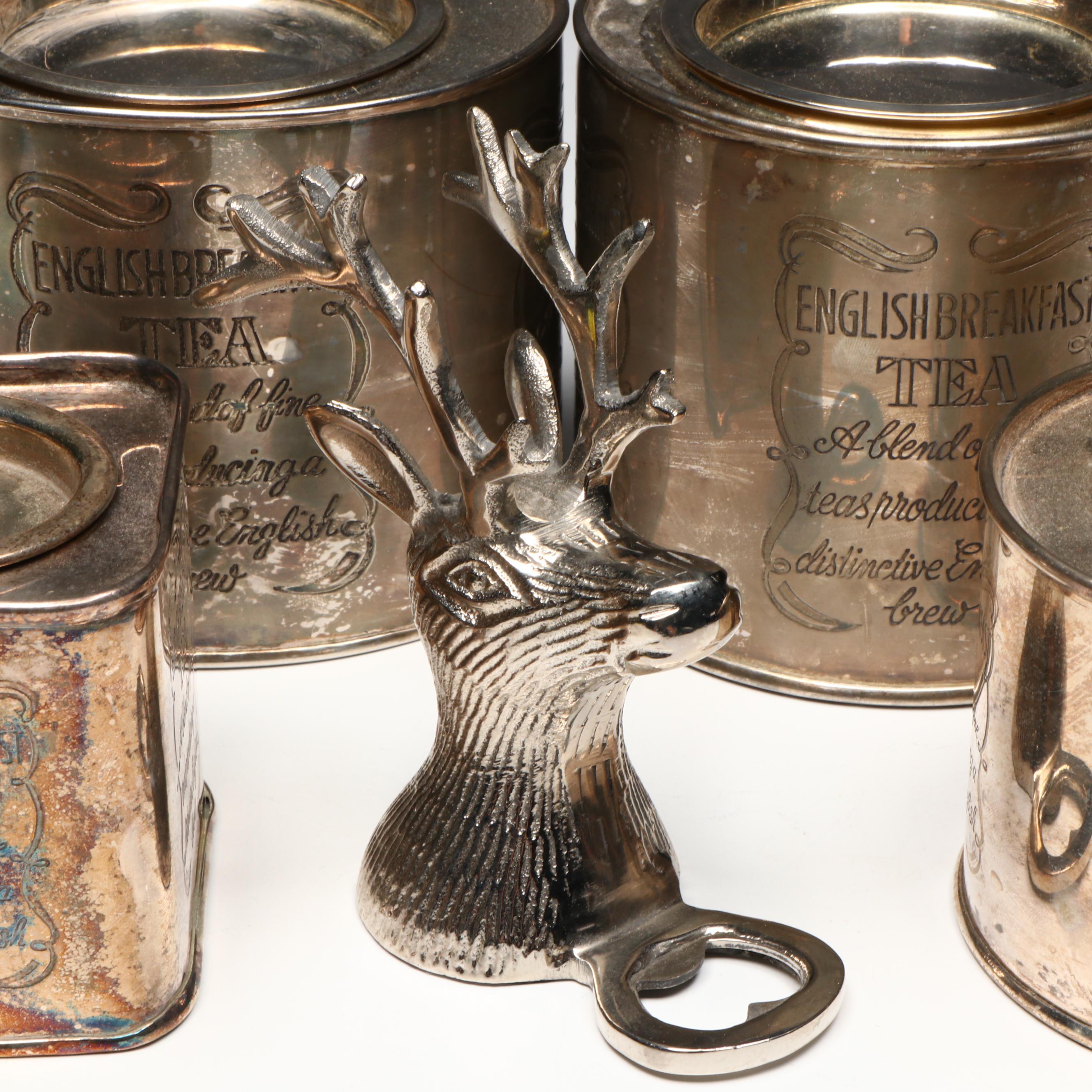 English Breakfast Tea Tins with Cocktail Forks and Bottle Opener