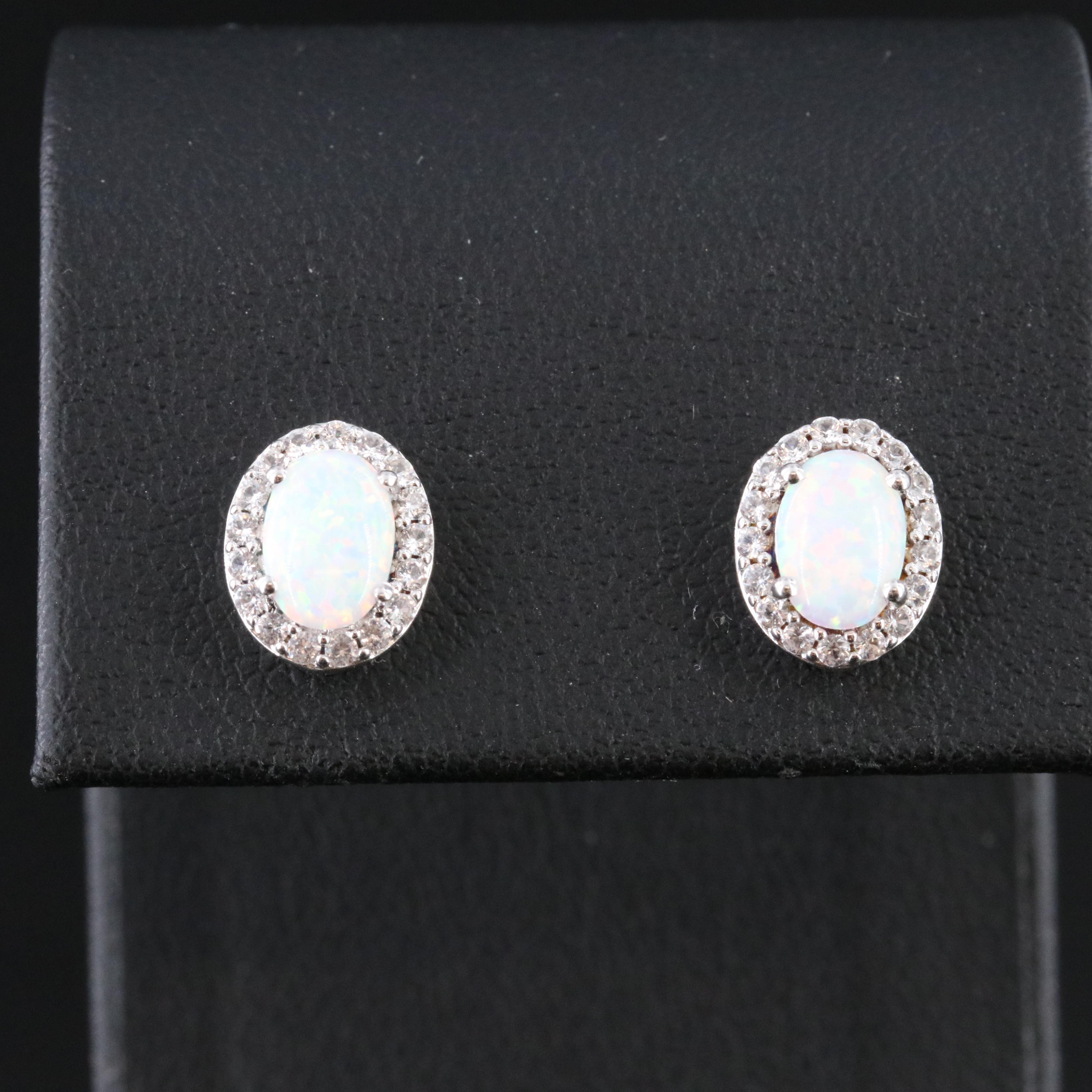 Sterling Opal and White Sapphire Stud Earrings