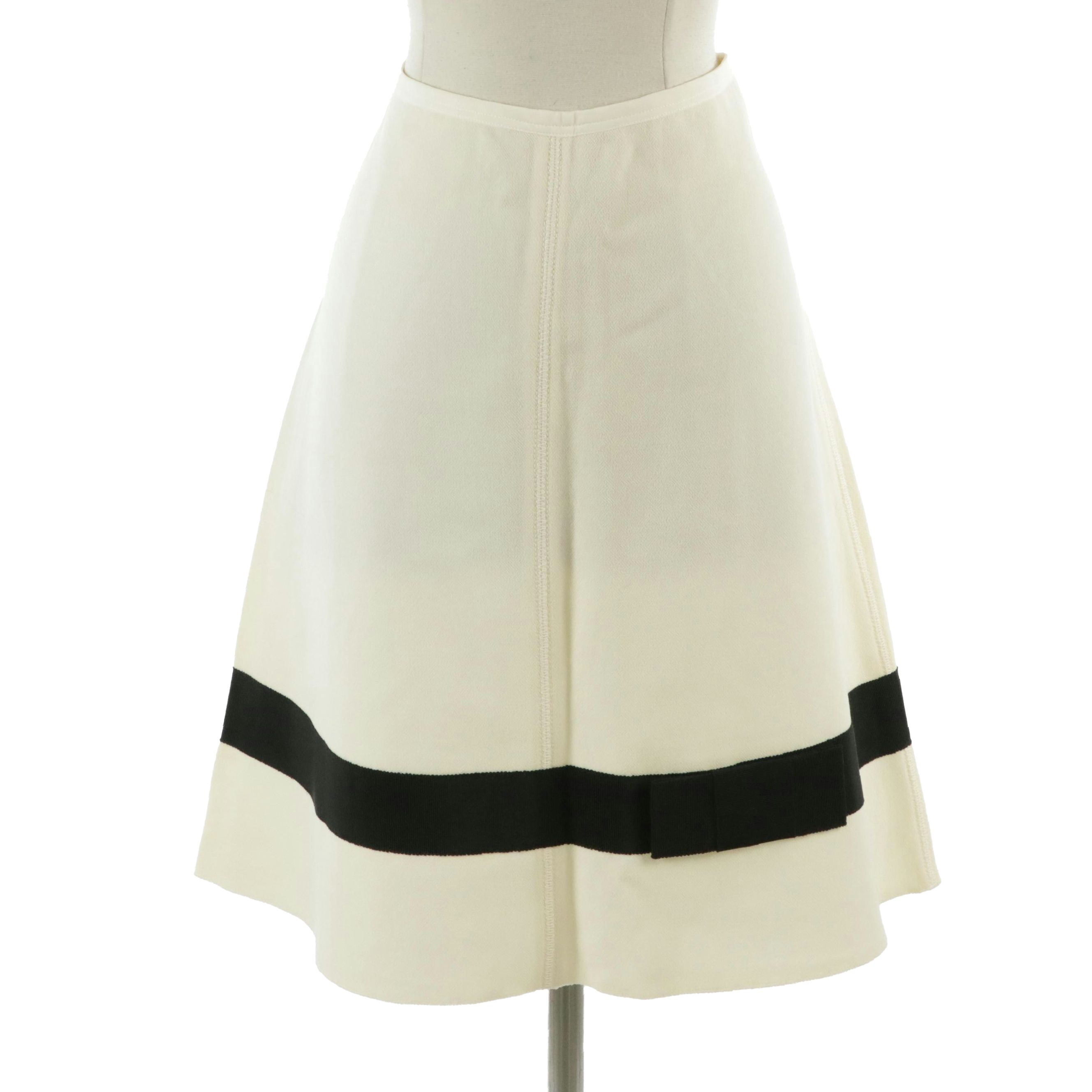 Prada Ivory Virgin Wool Midi Skirt with Black Grosgrain Trim; Retains Tags