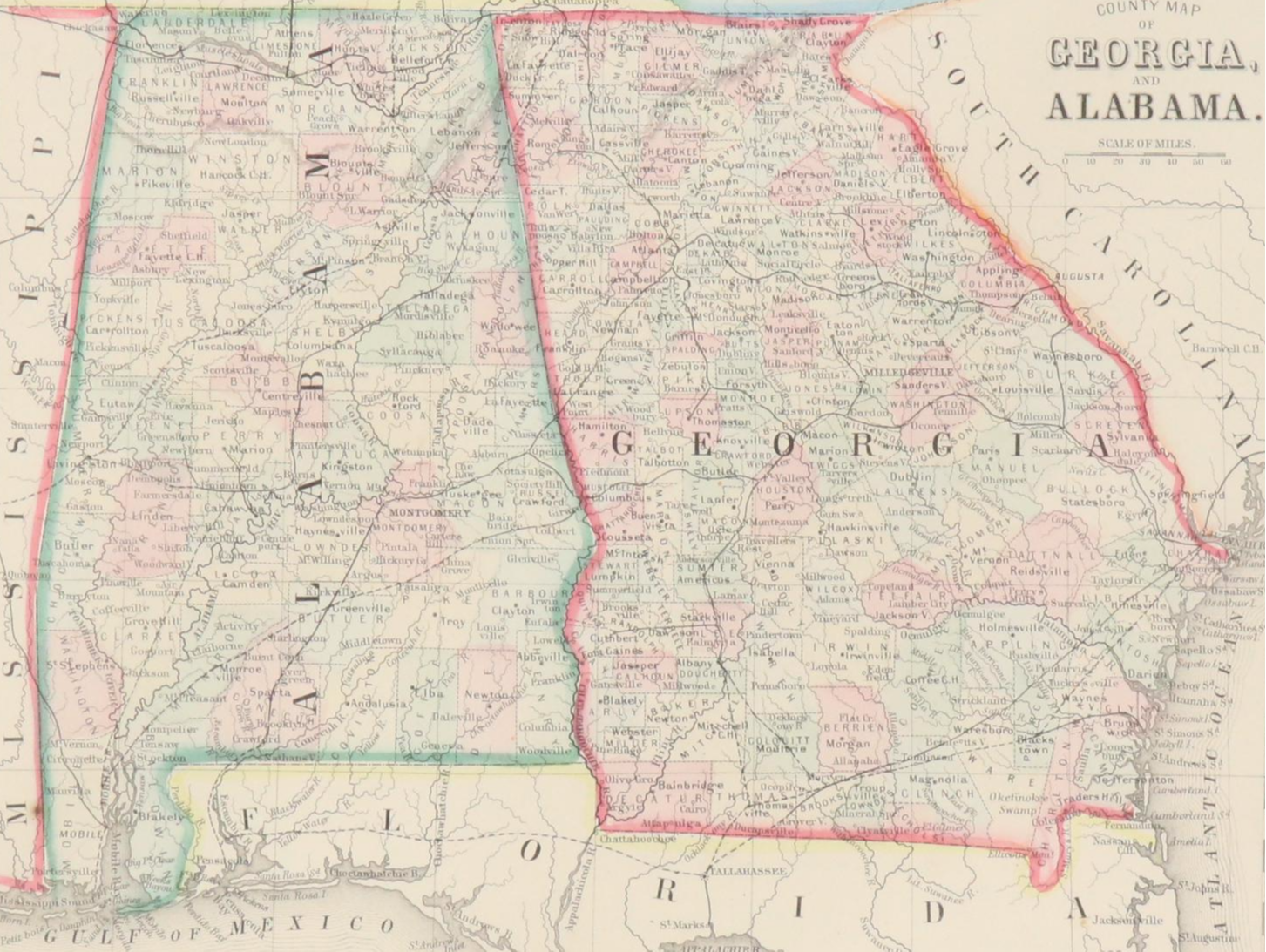 Hand-Colored Engraved Map "County Map of Georgia and Alabama," c. 1860