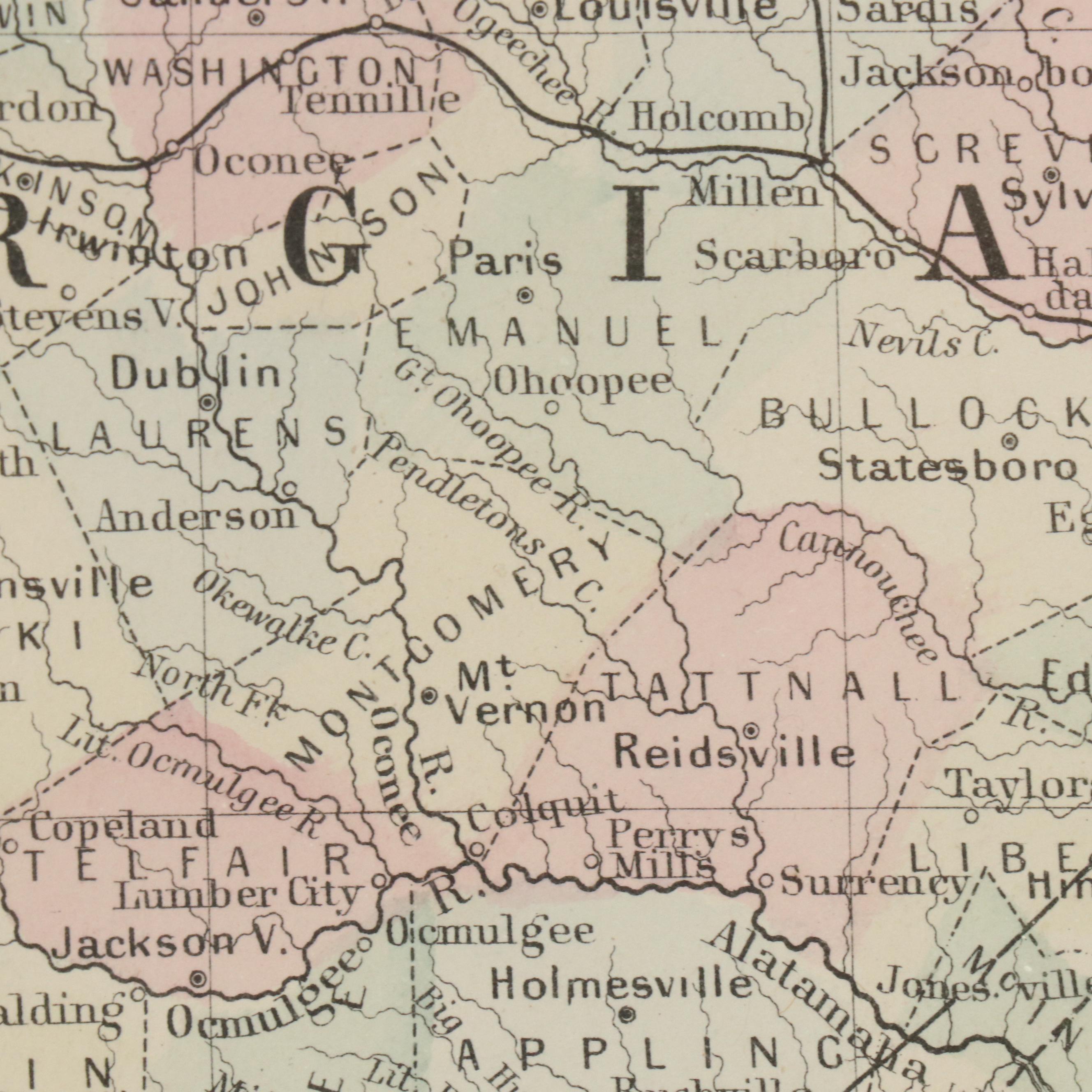 Hand-Colored Engraved Map "County Map of Georgia and Alabama," c. 1860