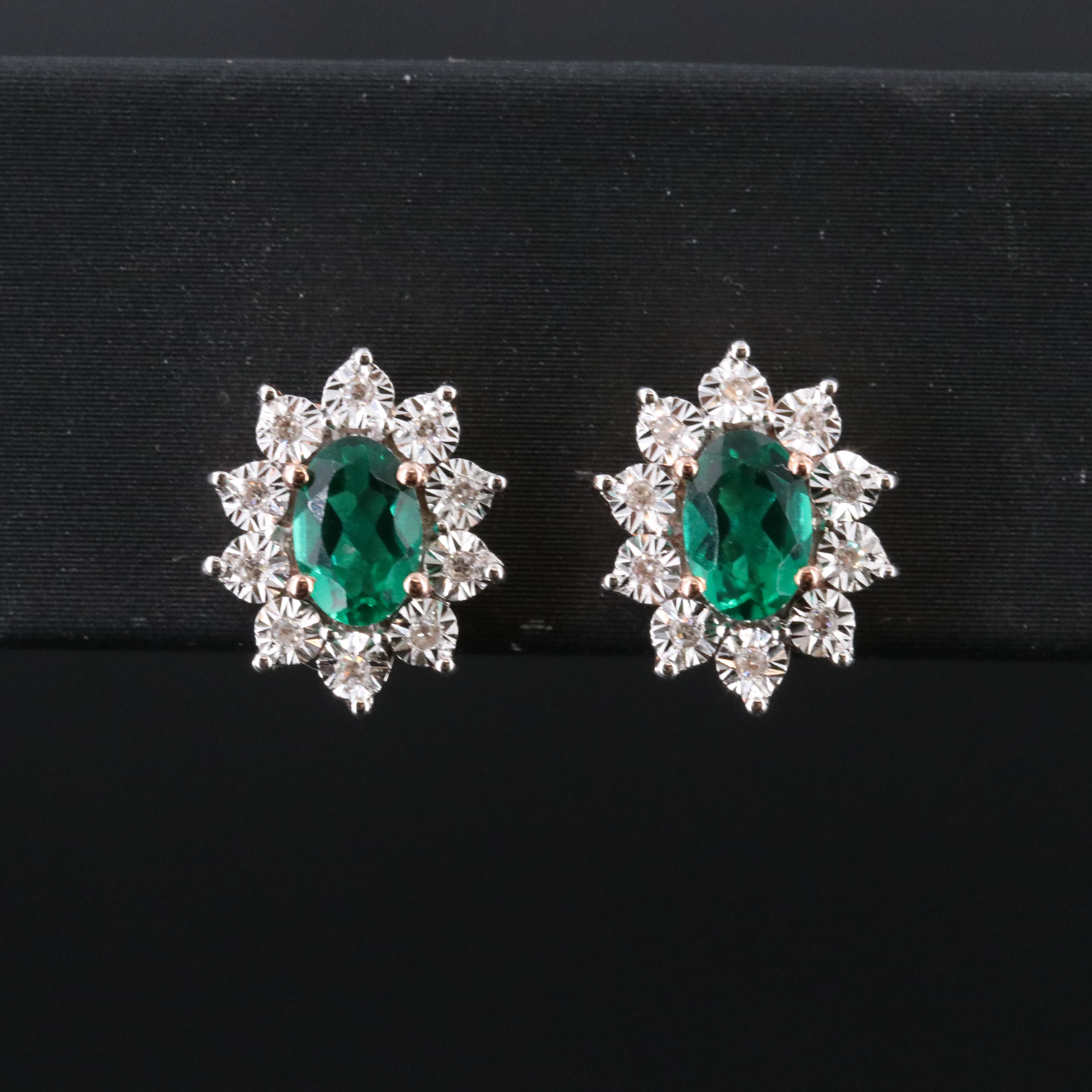 Sterling Emerald and Diamond Stud Earrings