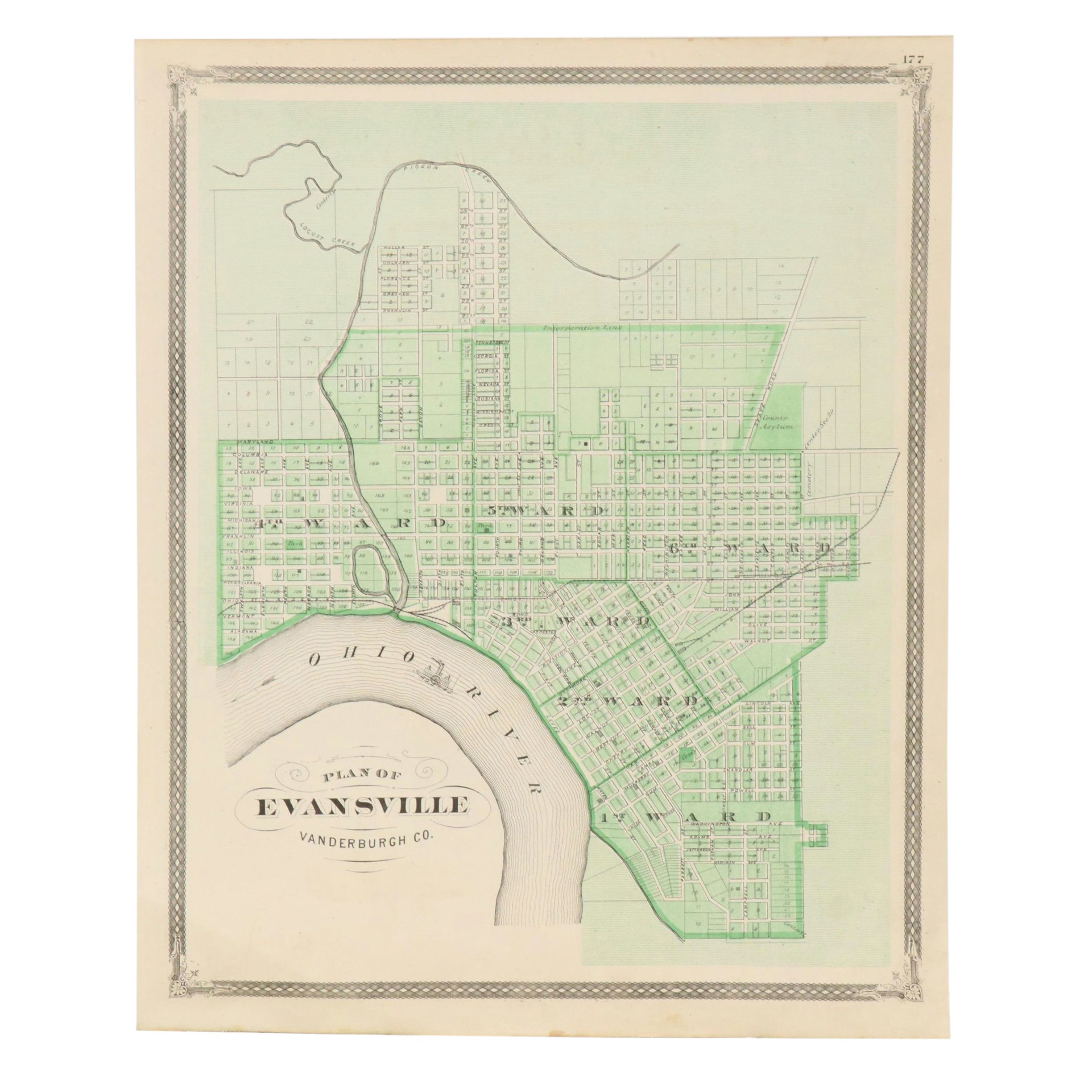 A. T. Andreas Wax Engraving "Map of Vanderburgh County" and City Maps, 1876