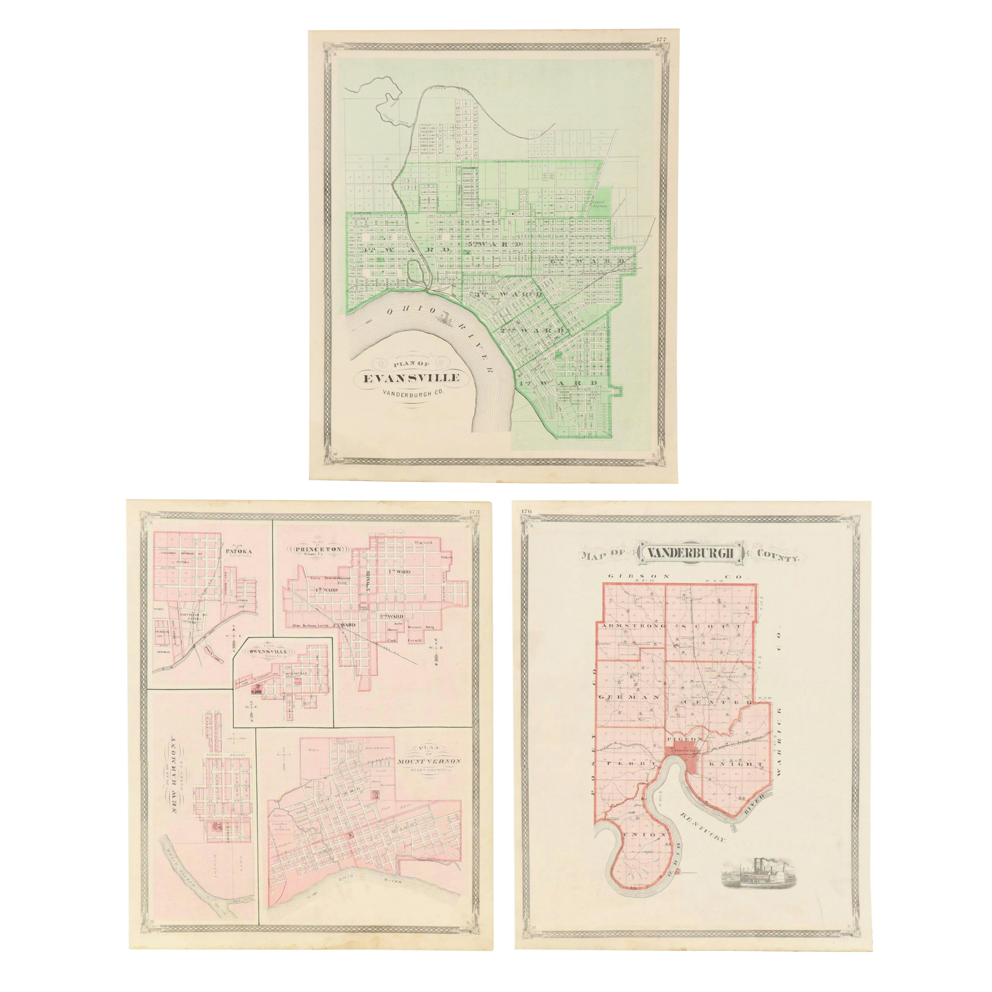 A. T. Andreas Wax Engraving "Map of Vanderburgh County" and City Maps, 1876