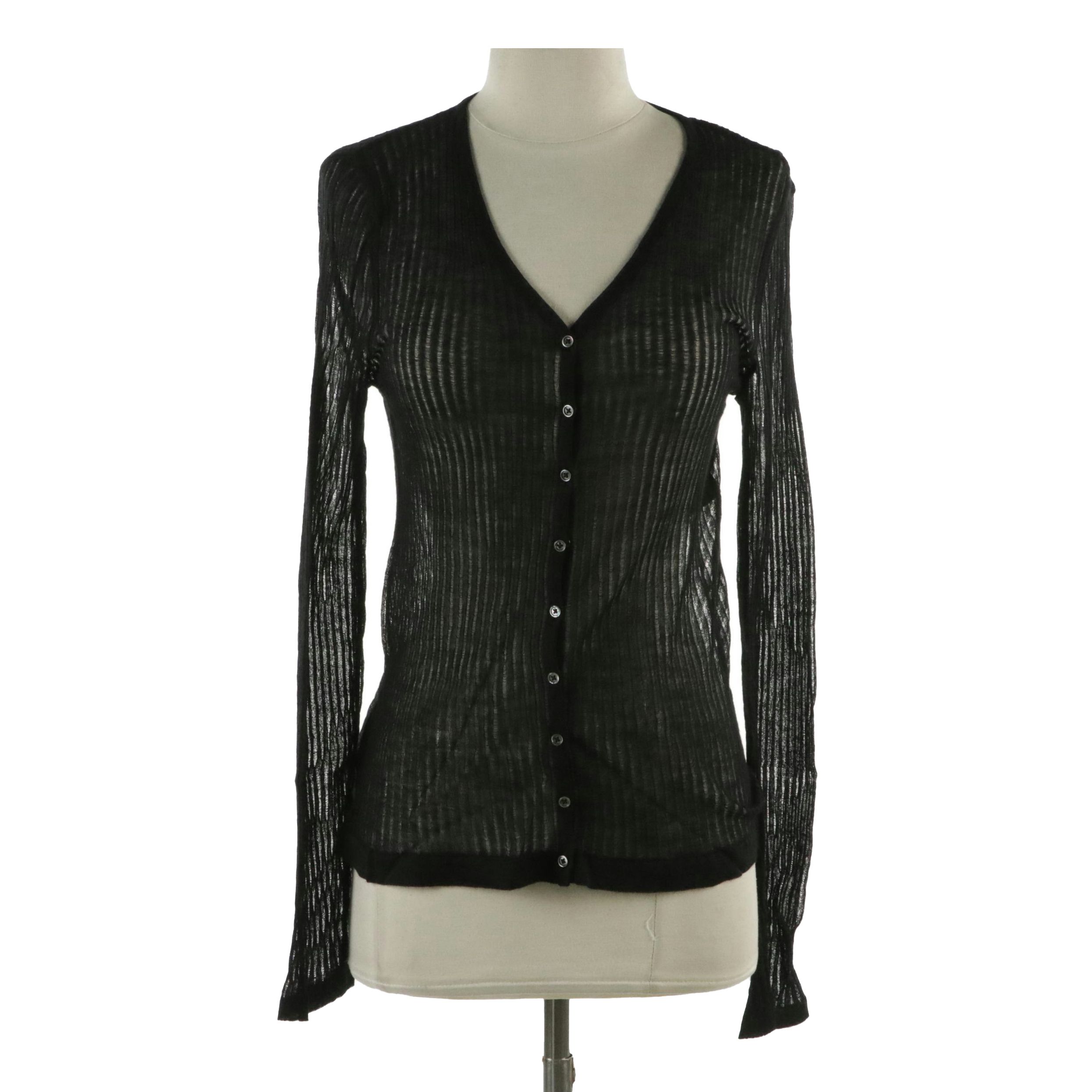 Marc Jacobs Black Sheer Cashmere and Silk Ribbed Knit Cardigan Sweater