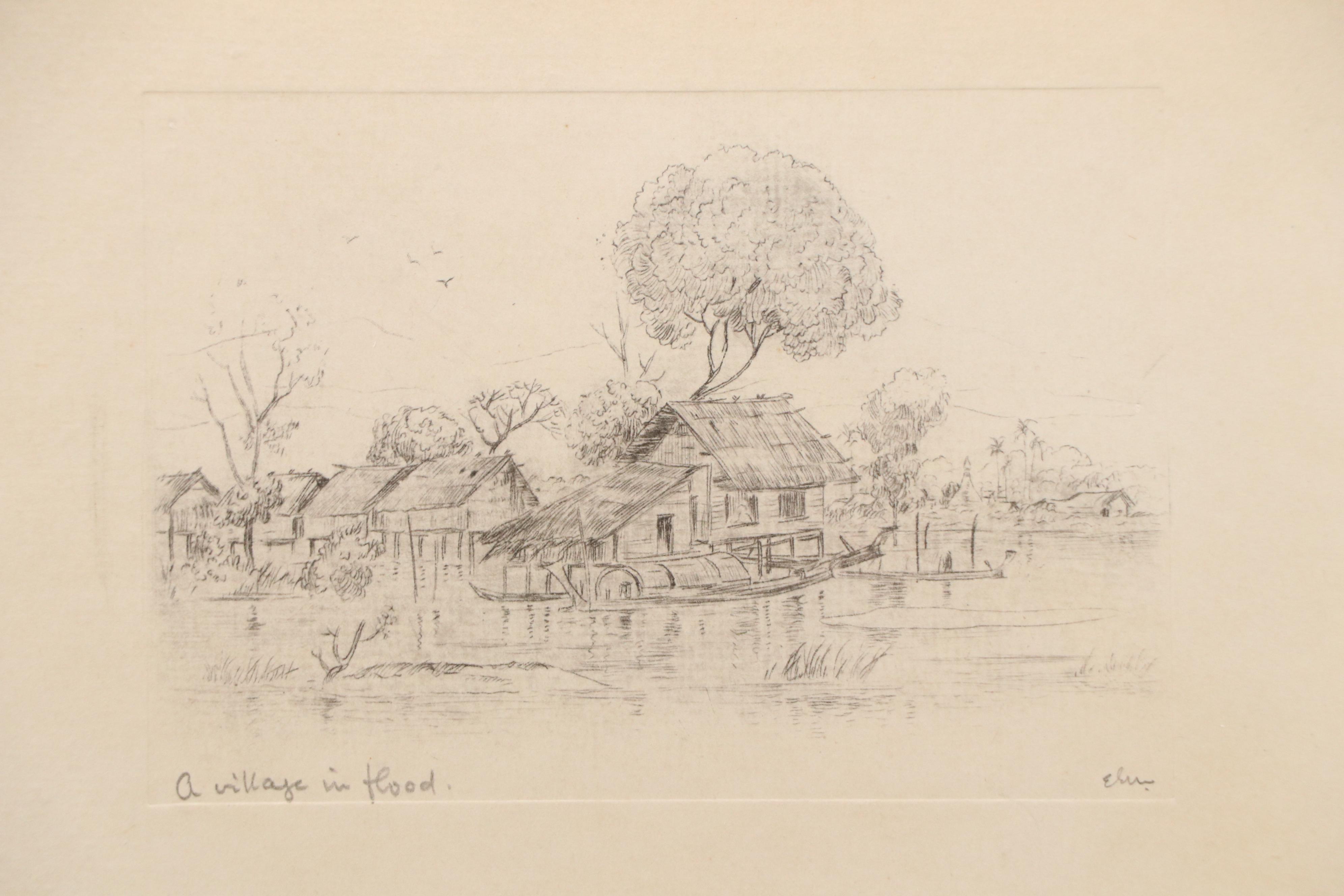 Engraving "A Village in Flood," Early 20th Century