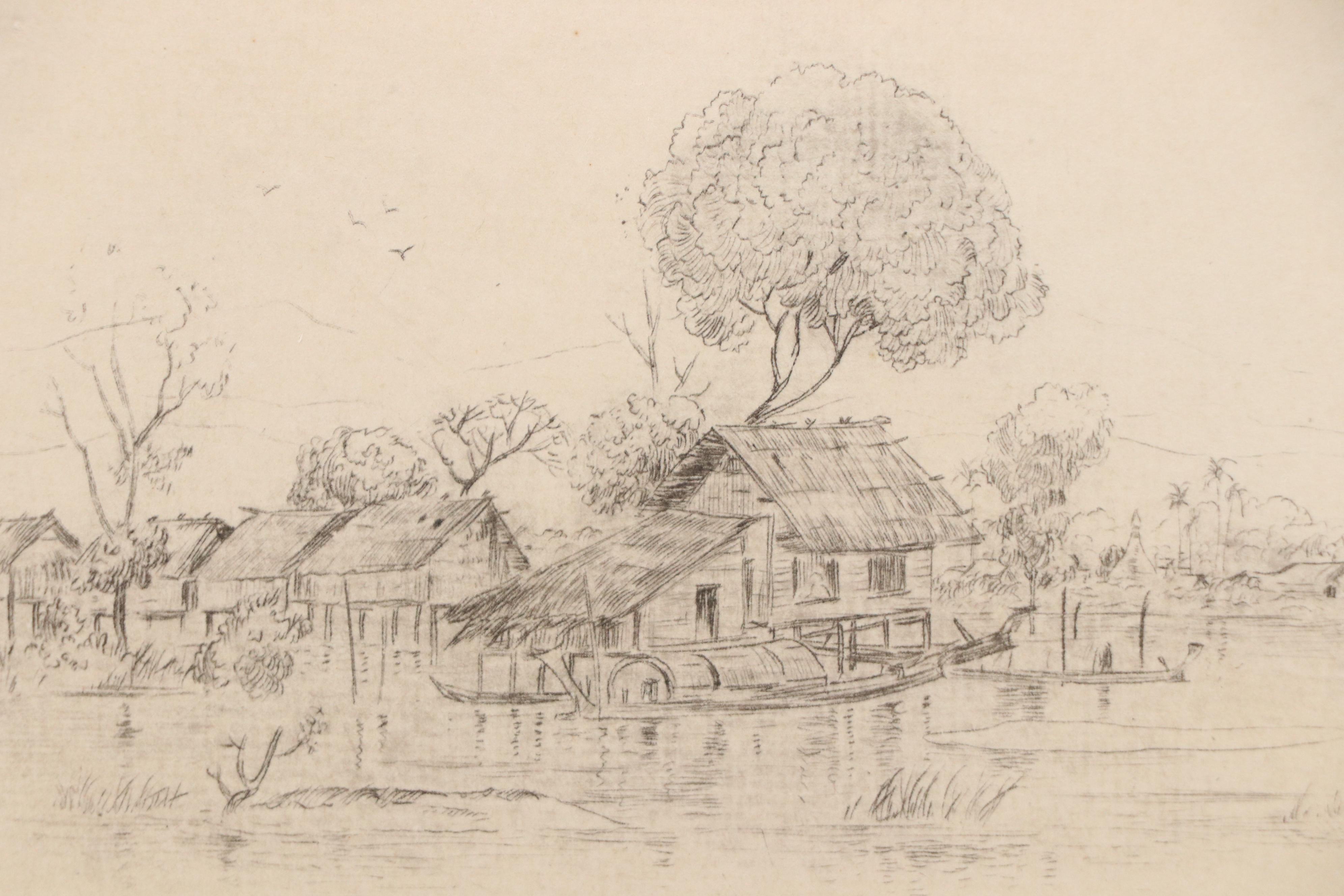 Engraving "A Village in Flood," Early 20th Century