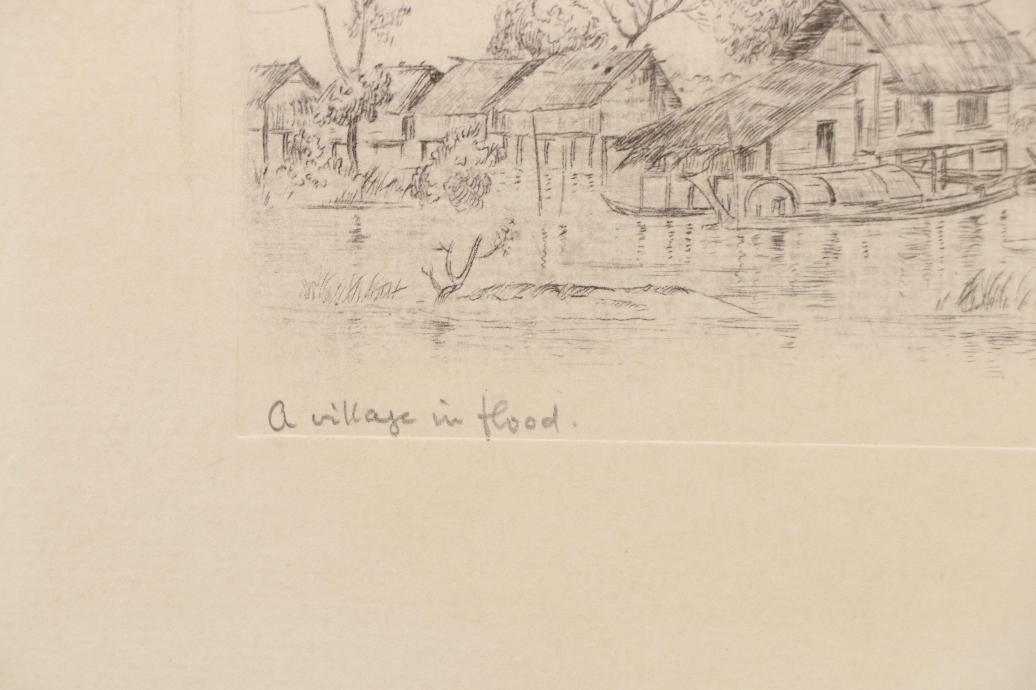 Engraving "A Village in Flood," Early 20th Century