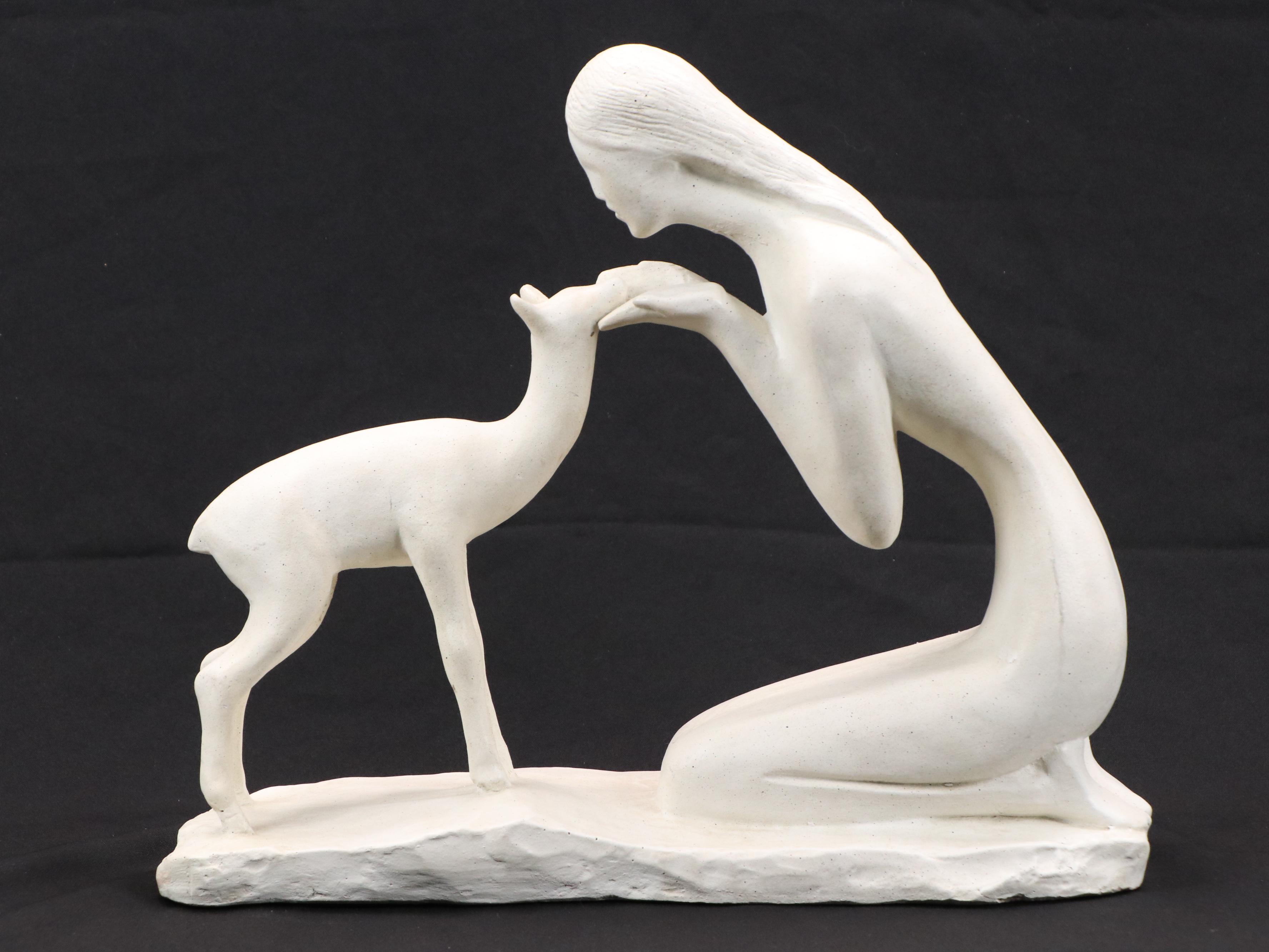 David Fisher Austin Productions Inc. Ceramic Sculpture "Woman With Fawn," 1981
