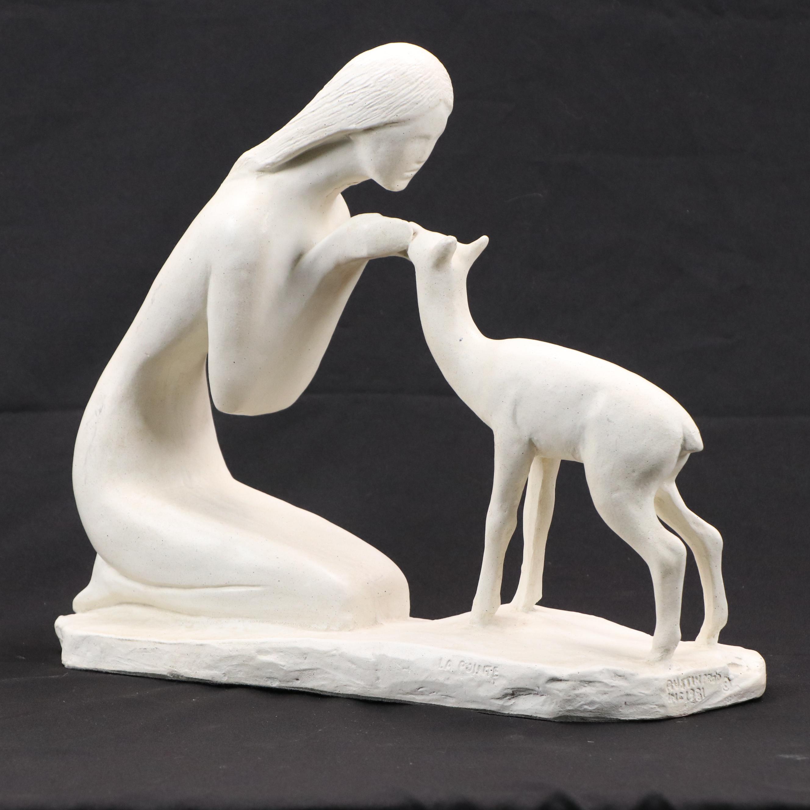 David Fisher Austin Productions Inc. Ceramic Sculpture "Woman With Fawn," 1981