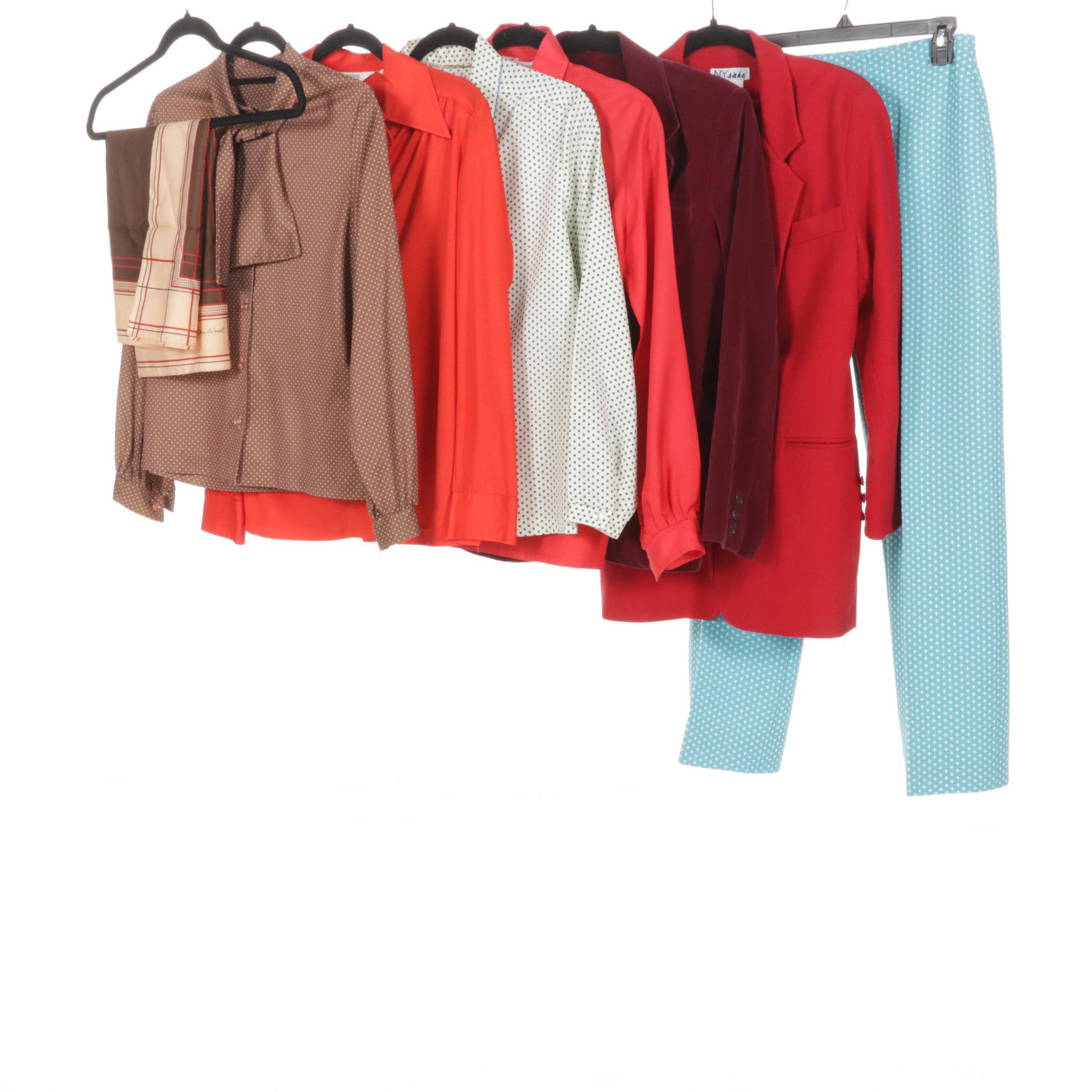 Burgundy Velour & Red Wool Blazers, Polka Dot Ascot Blouses & More, 1970-90s