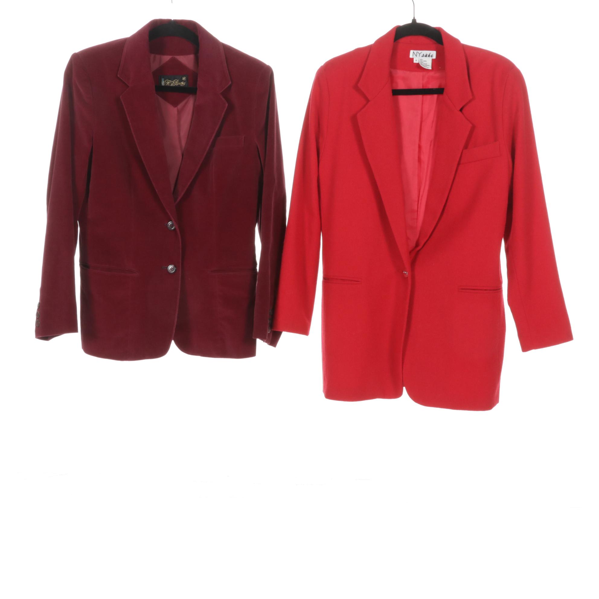 Burgundy Velour & Red Wool Blazers, Polka Dot Ascot Blouses & More, 1970-90s