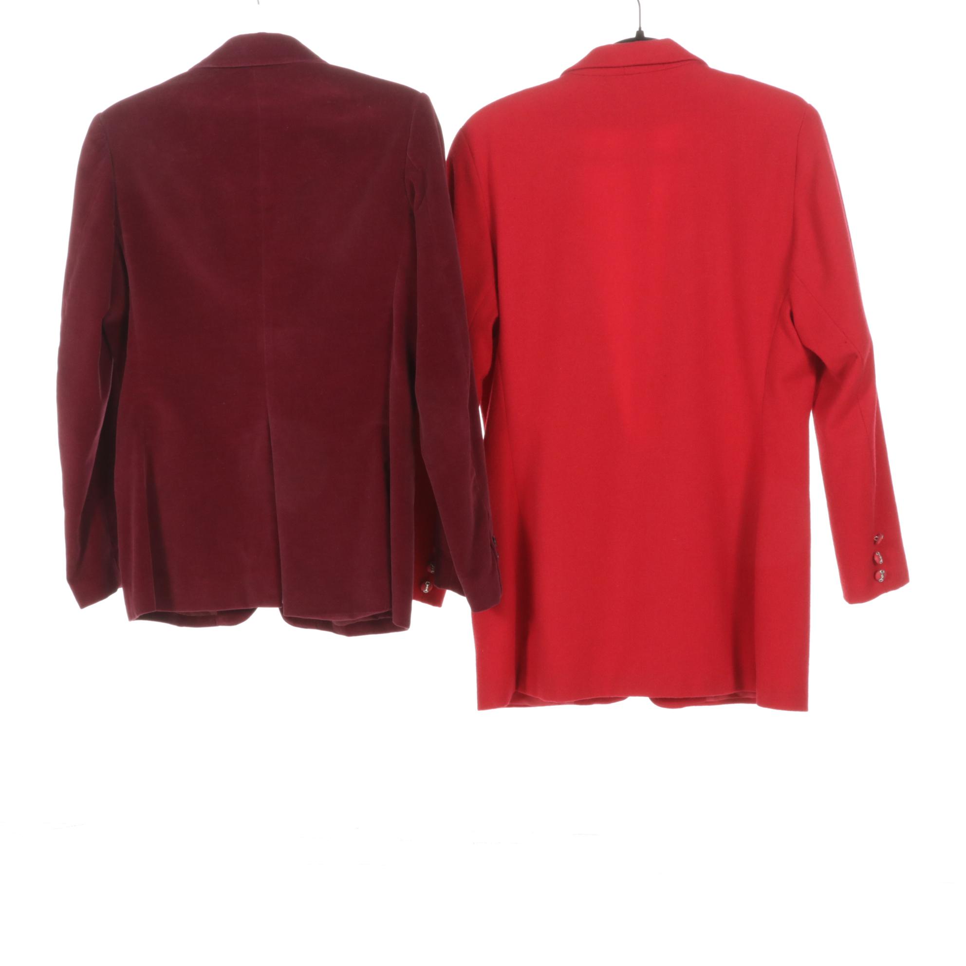 Burgundy Velour & Red Wool Blazers, Polka Dot Ascot Blouses & More, 1970-90s